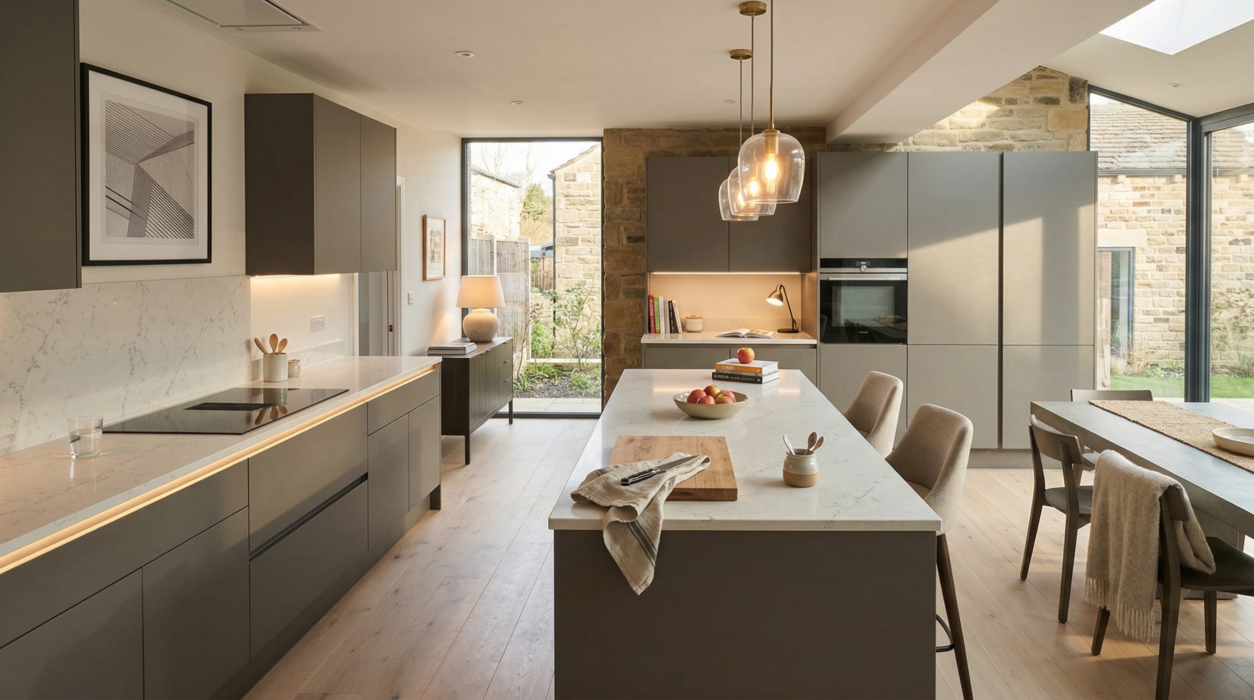 Modern kitchen with matte grey units, marble worktops and pendant glass lights