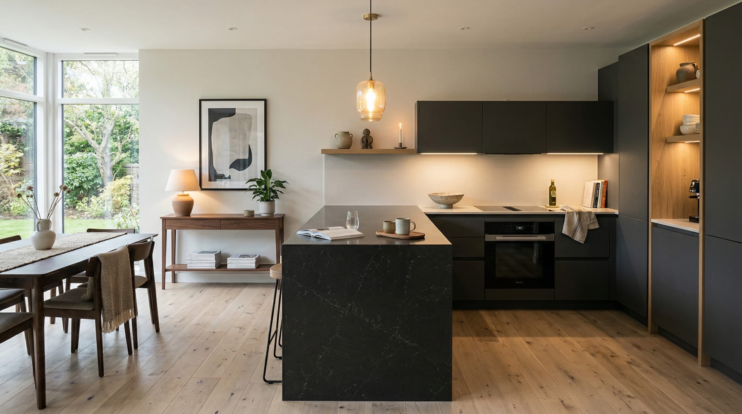 Mastercraft bespoke kitchen design, wide architectural view showing room volume and design quality