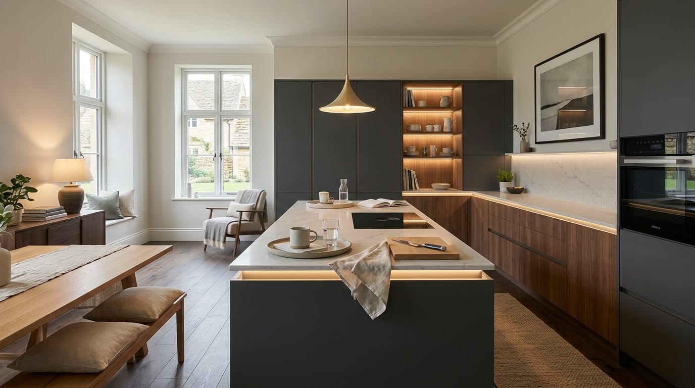 Mastercraft bespoke kitchen in Witney, wide architectural view showing room volume and design quality