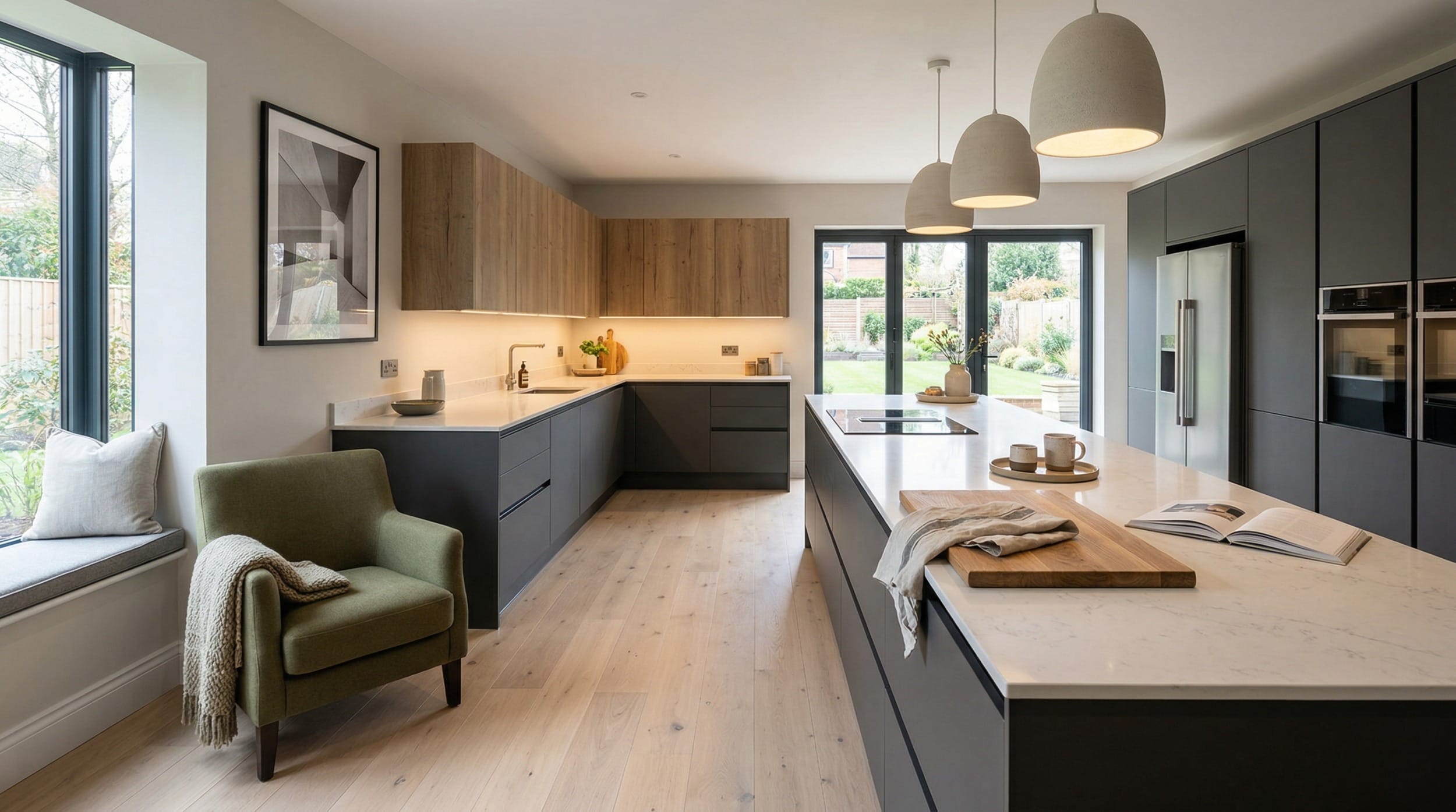 hero2_1200x675-410 Modern Mastercraft kitchen with matte dark units, wood accents and large island