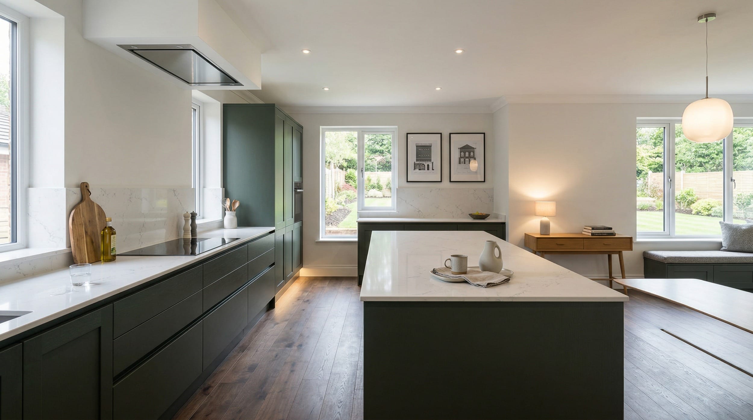 hero2_1200x675-411 modern kitchen with green units, white worktops, wood flooring and large windows