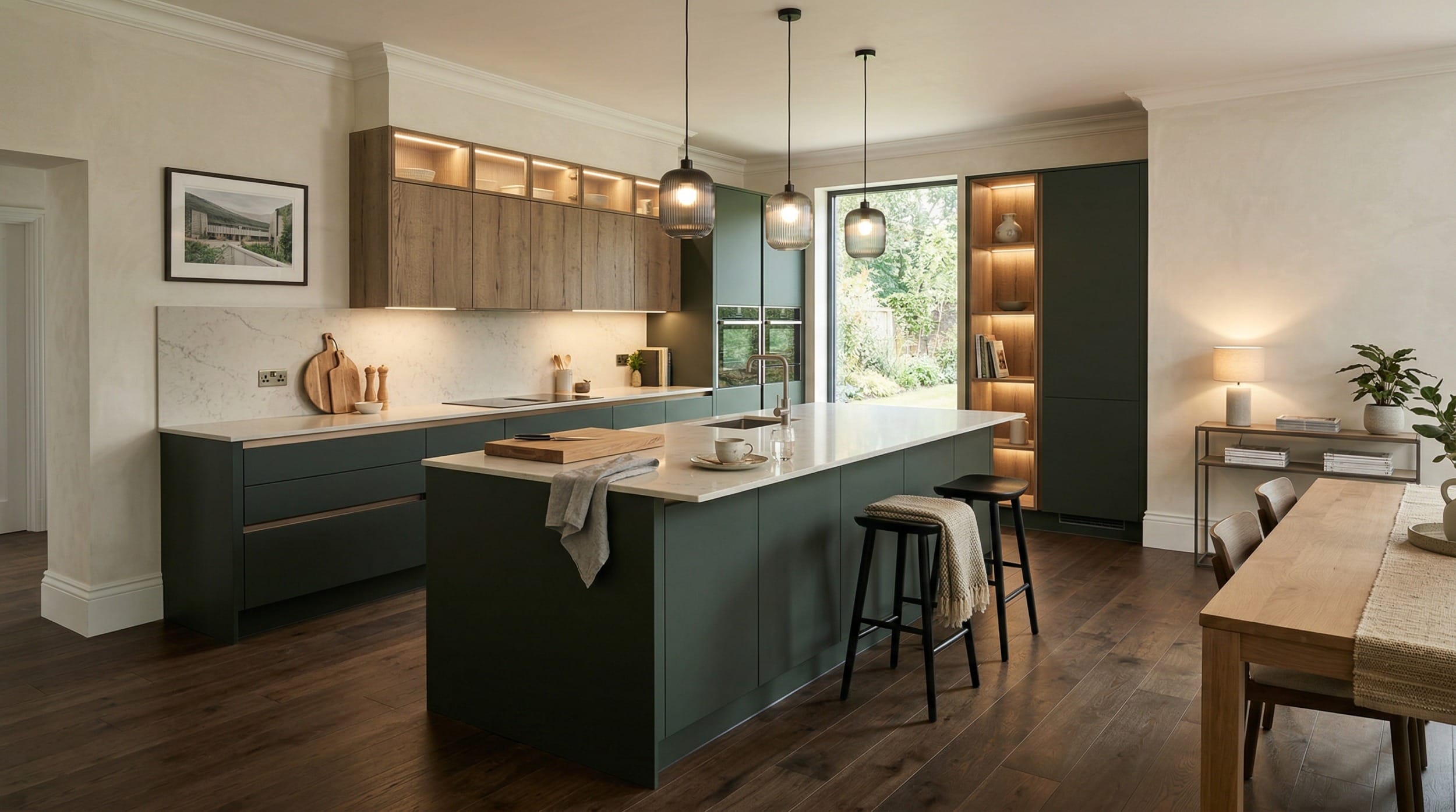 Mastercraft bespoke kitchen design, wide architectural view showing room volume and design quality