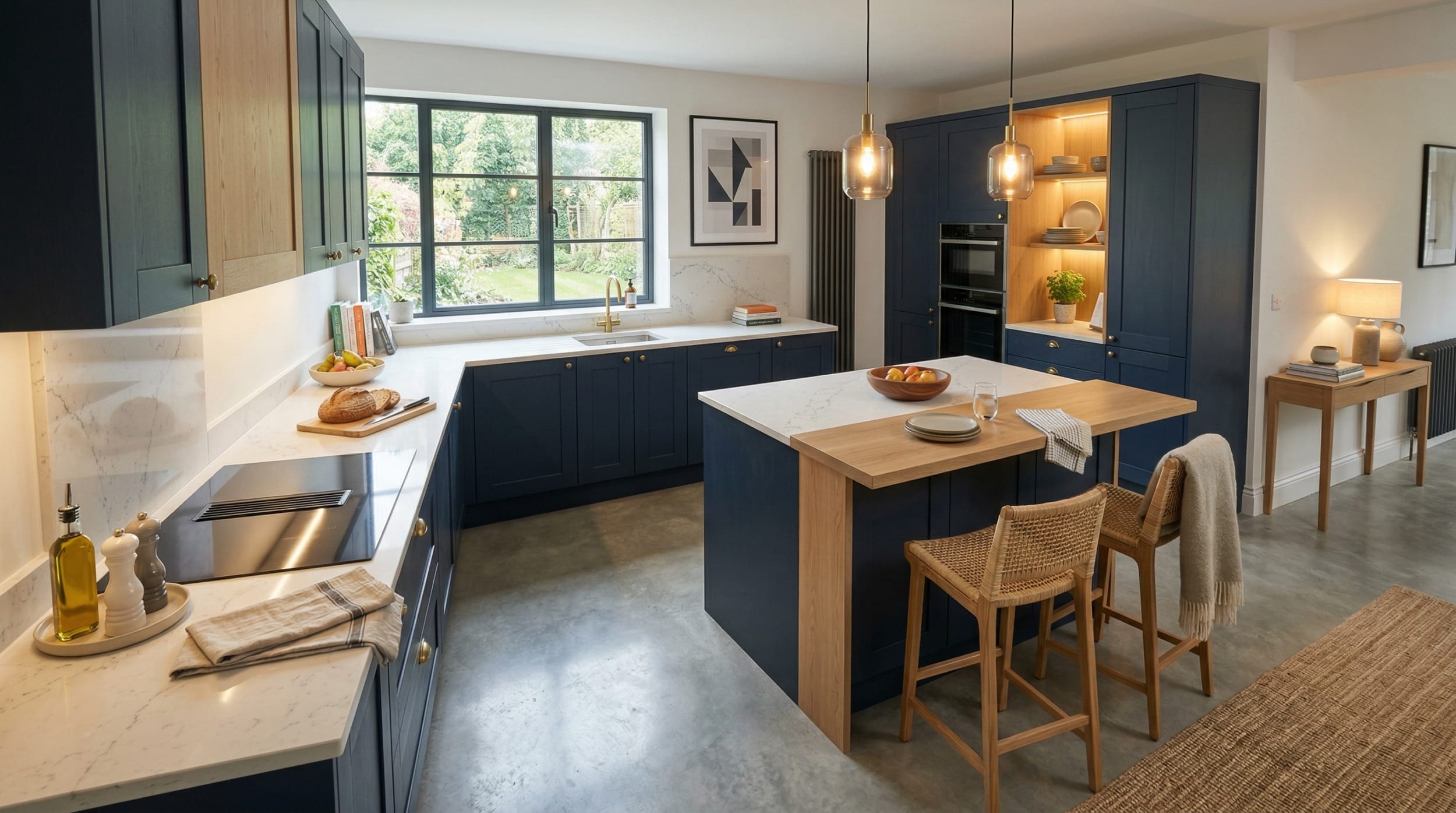 Navy blue Mastercraft kitchen with marble worktops and wooden breakfast bar