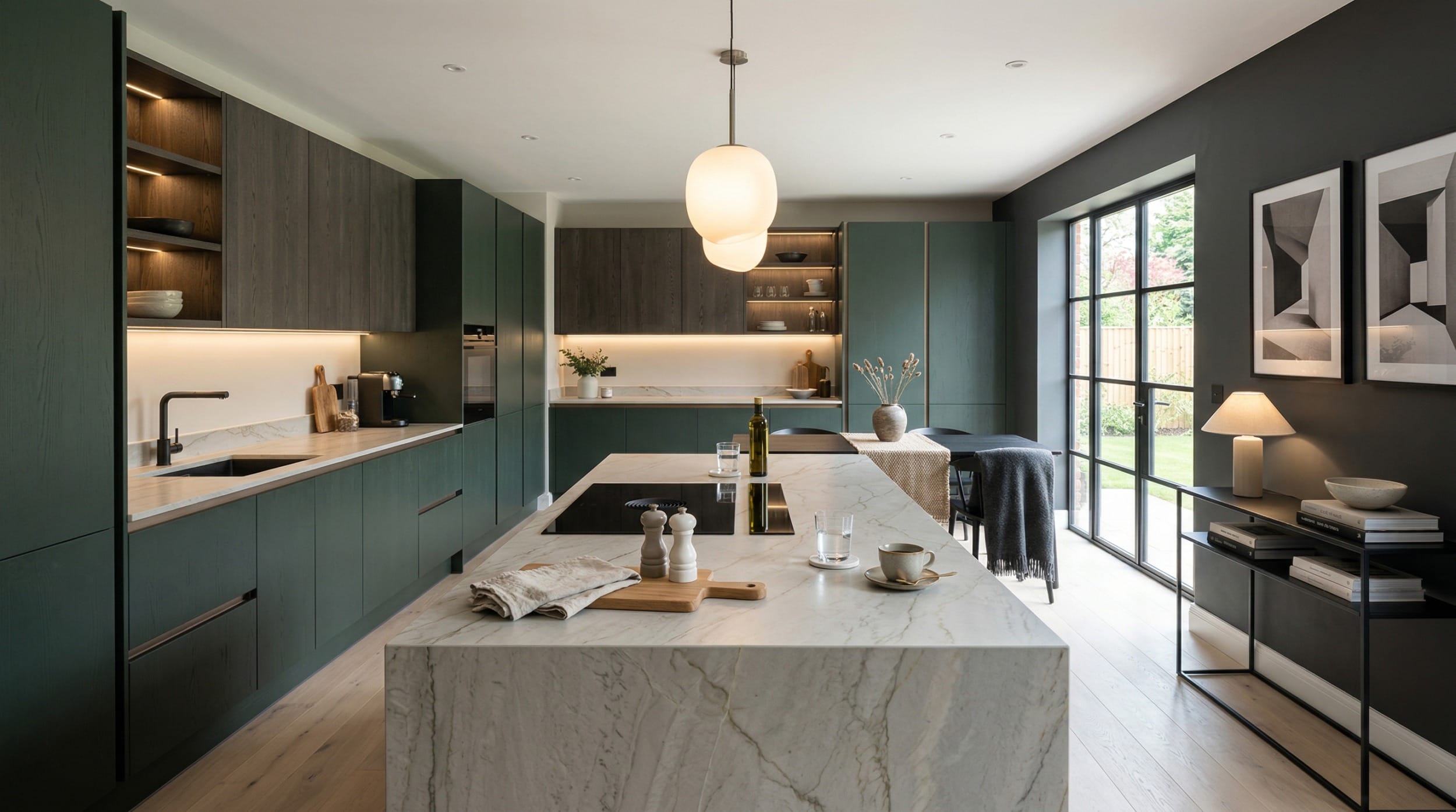 Mastercraft bespoke kitchen design, wide architectural view showing room volume and design quality