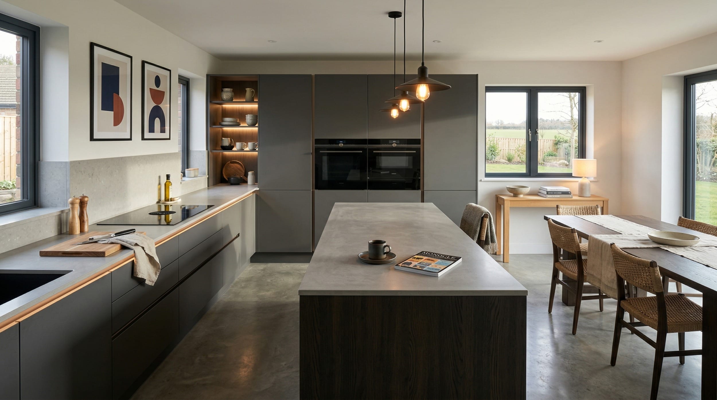 hero2_1200x675-416 modern kitchen with grey units, concrete island, pendant lights and abstract wall art