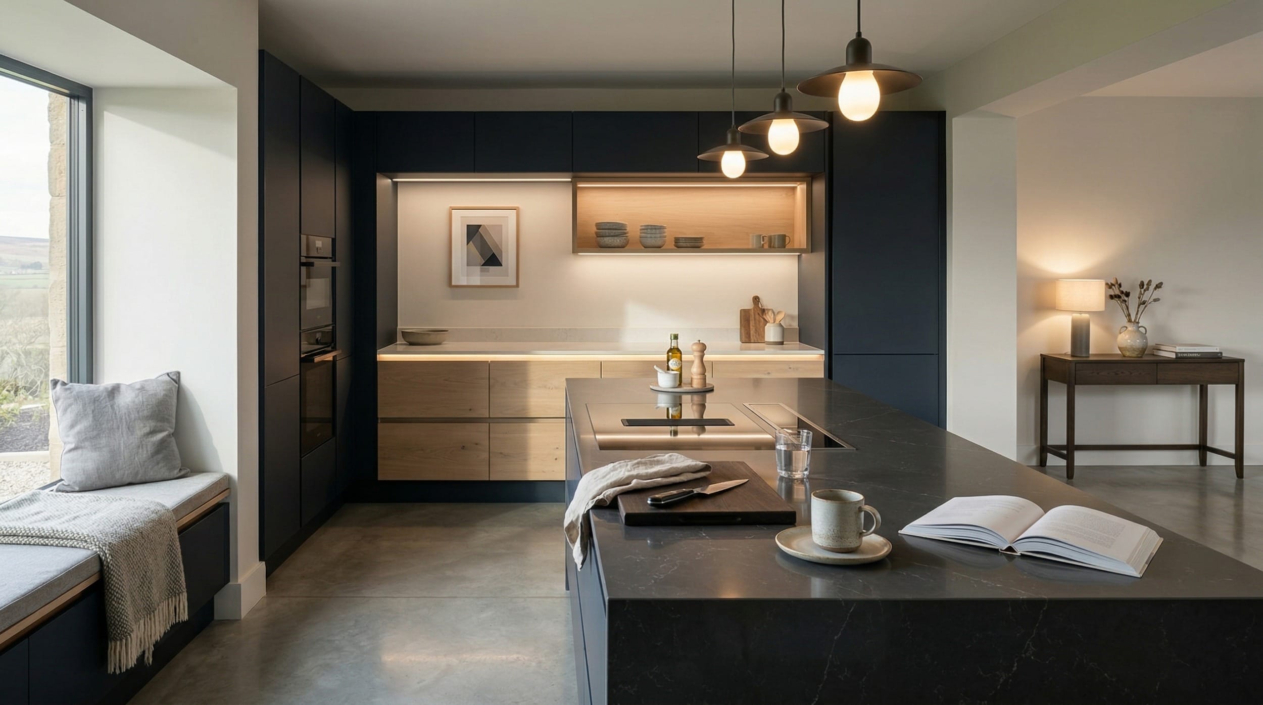 Mastercraft bespoke kitchen design, wide architectural view showing room volume and design quality