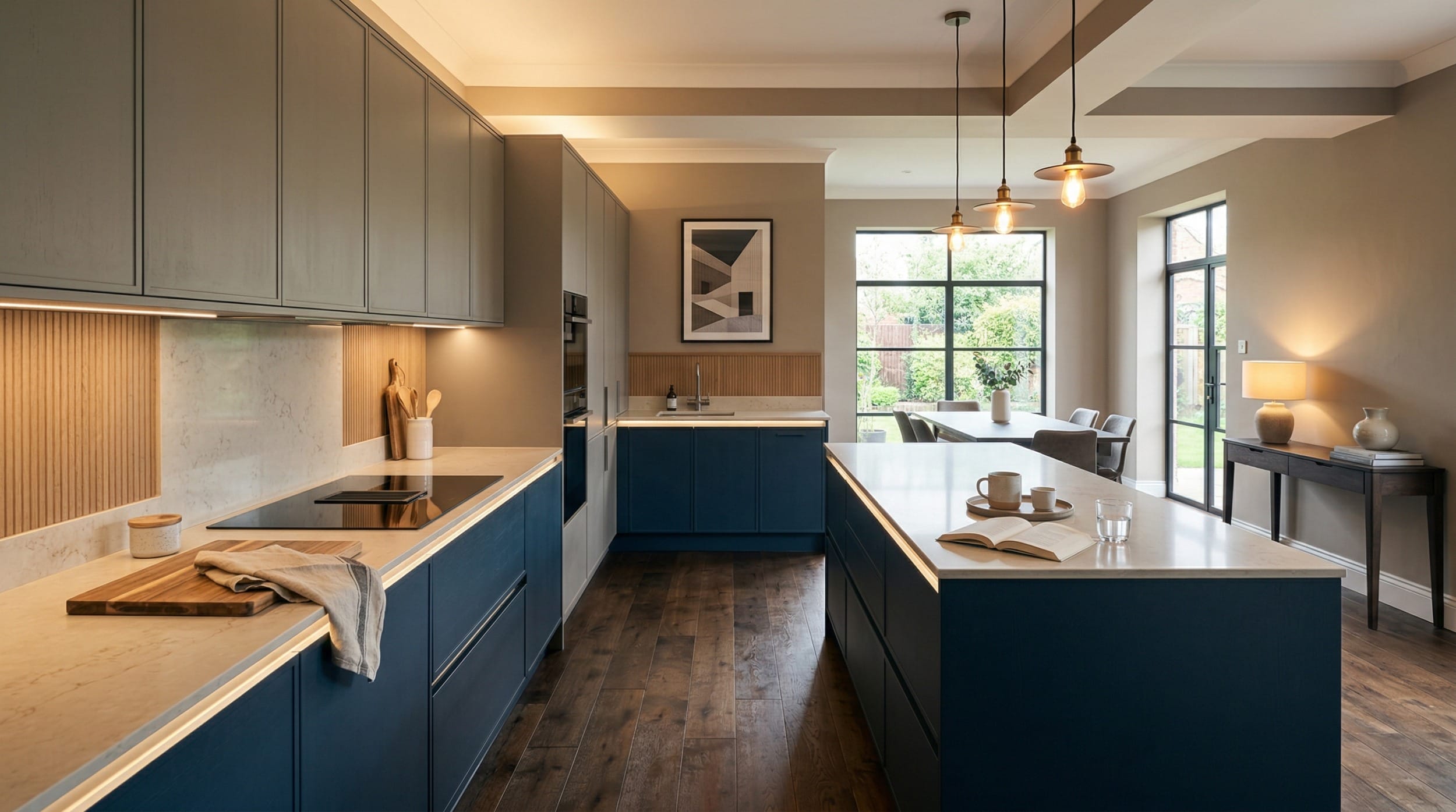 Modern kitchen with navy units, marble worktops, pendant lights and wood flooring