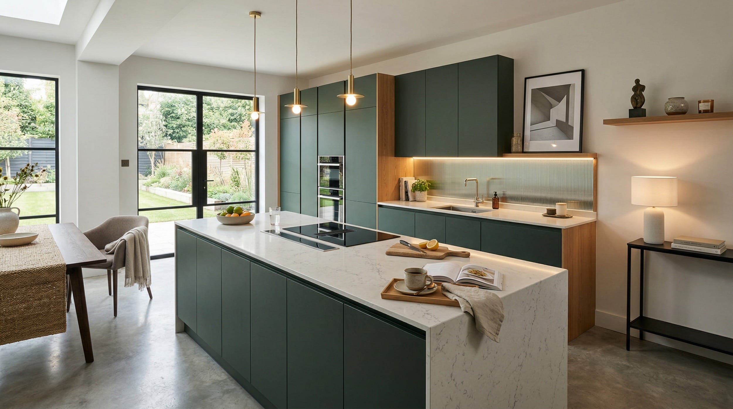 hero2_1200x675-419 Modern Mastercraft kitchen with matt green cabinets and white marble island