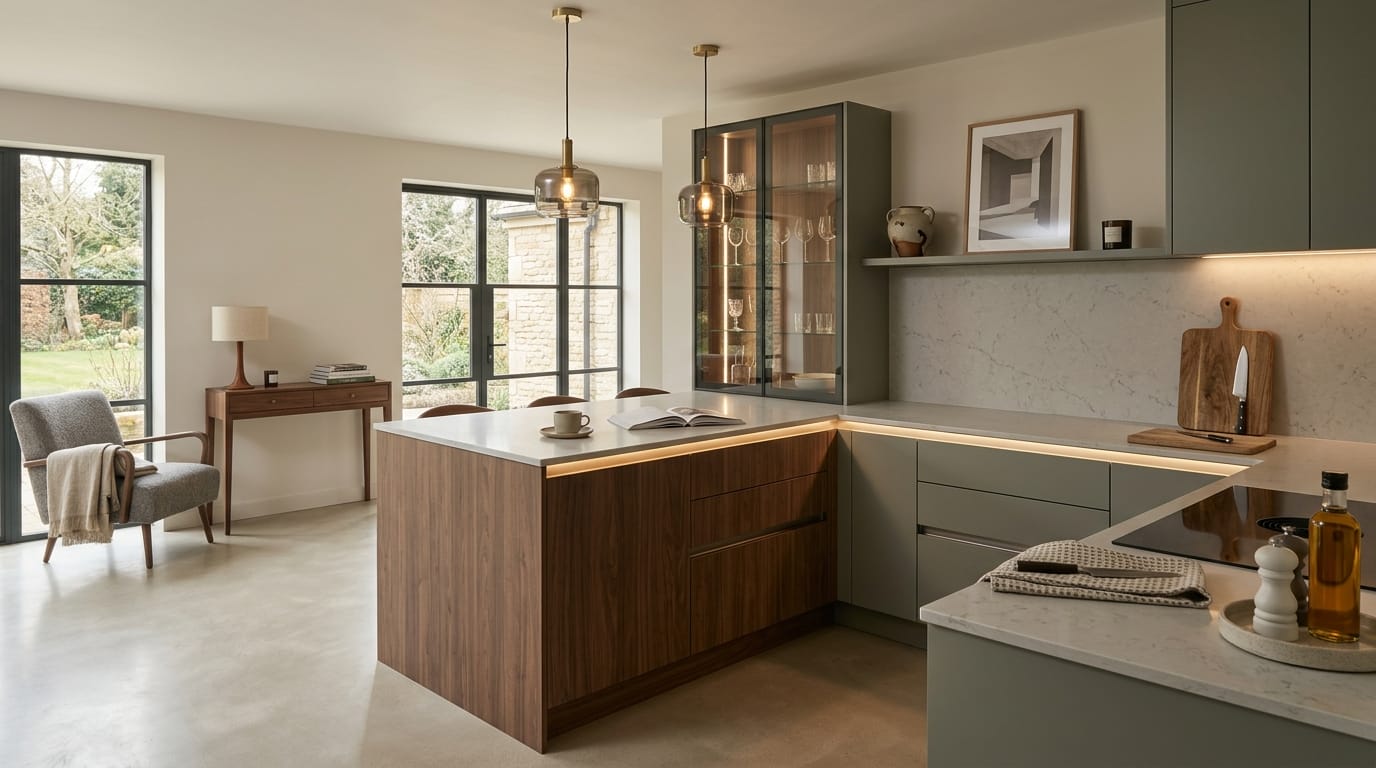 Mastercraft bespoke kitchen in Charlbury, wide architectural view showing room volume and design quality