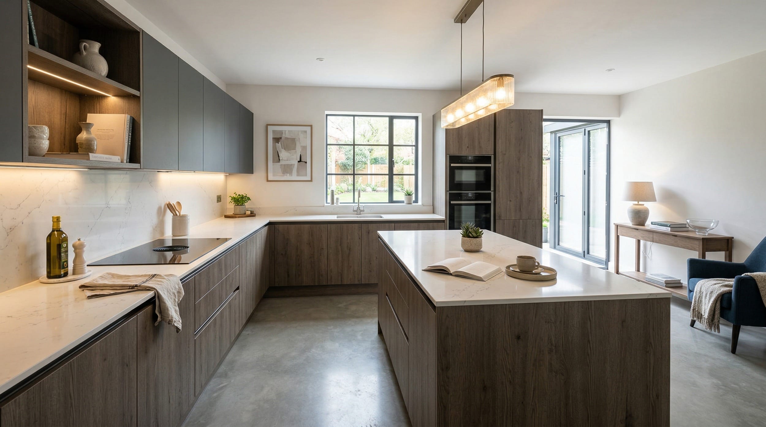 Mastercraft bespoke kitchen design, wide architectural view showing room volume and design quality