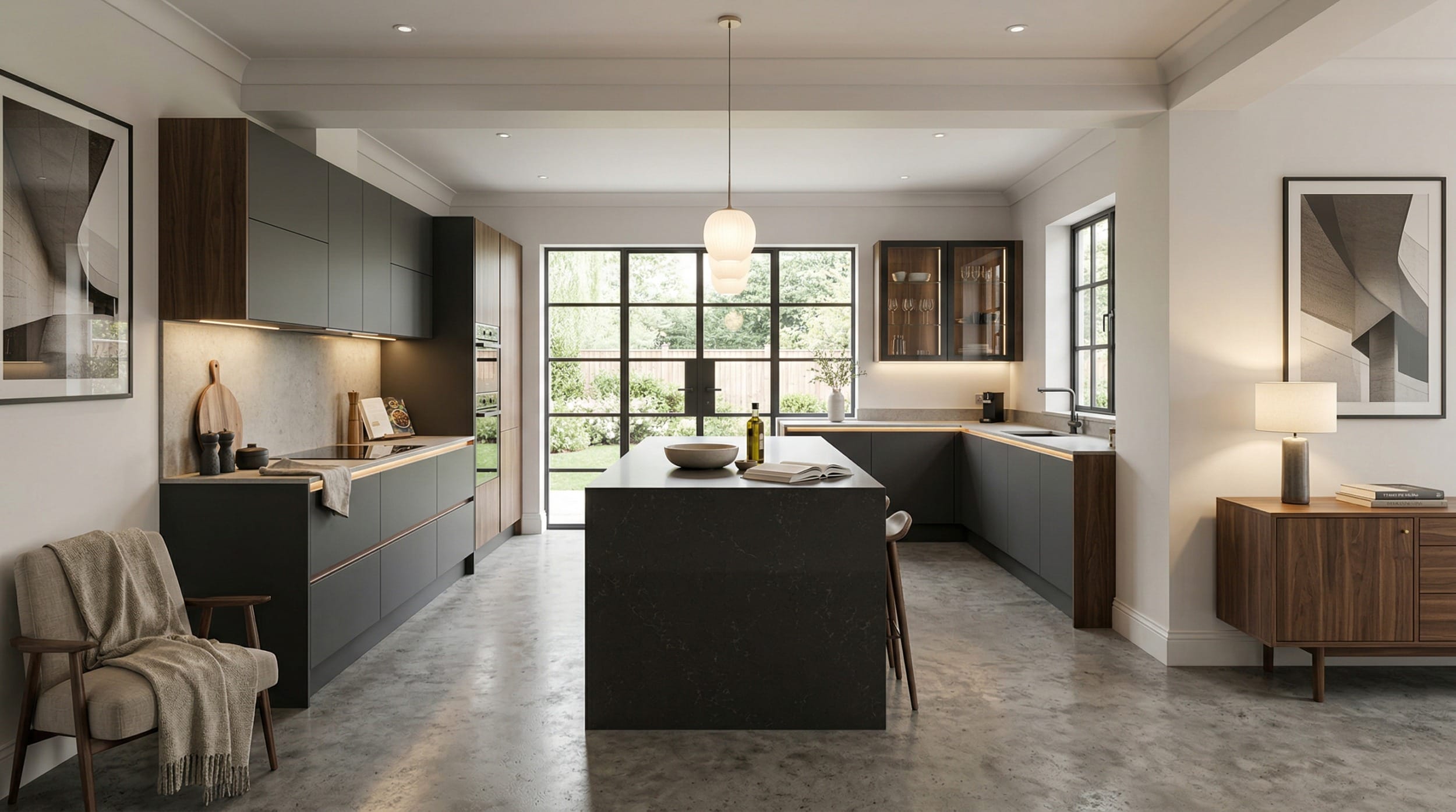 modern kitchen with dark matte units, wood accents and large central island