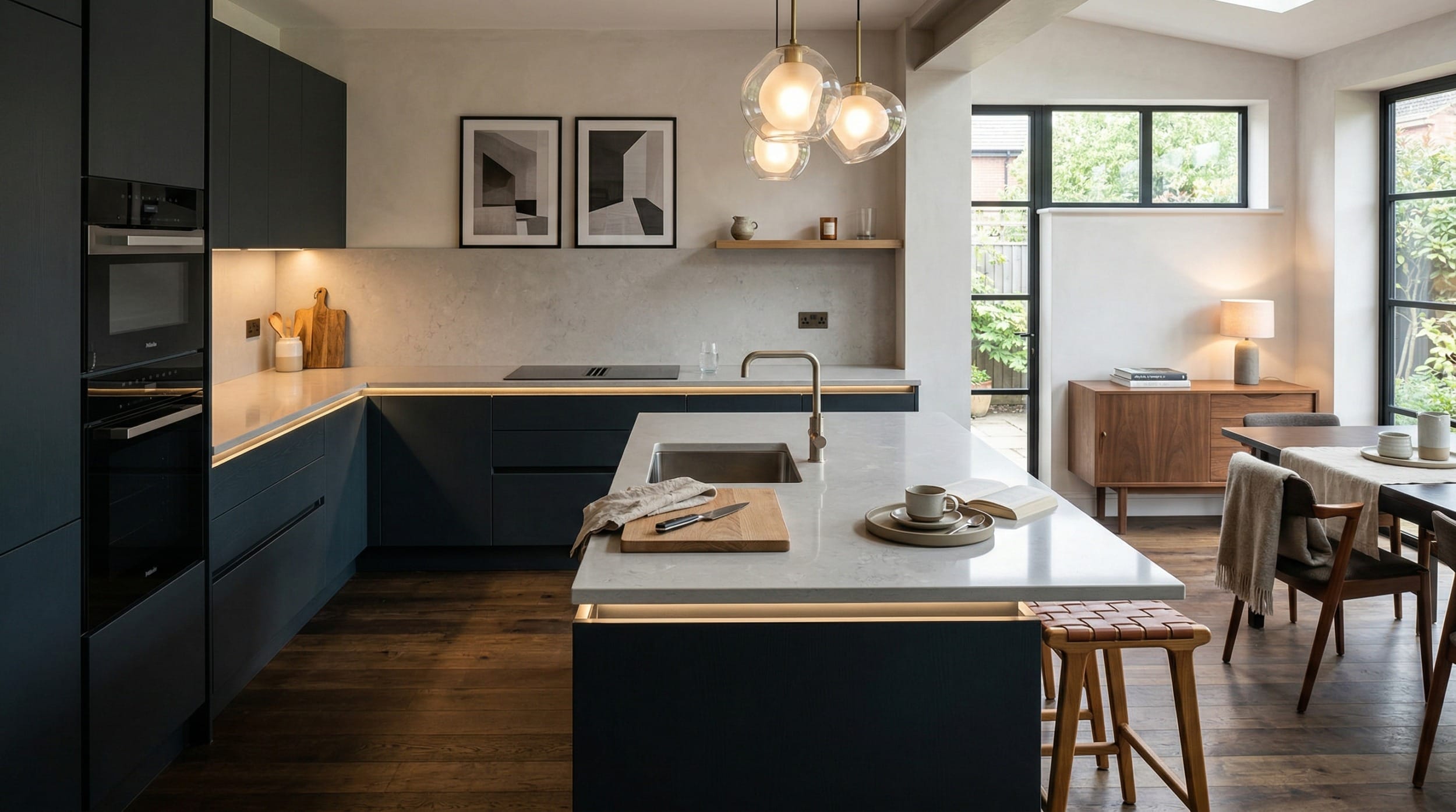 matte dark units with white worktops and globe pendant lights
