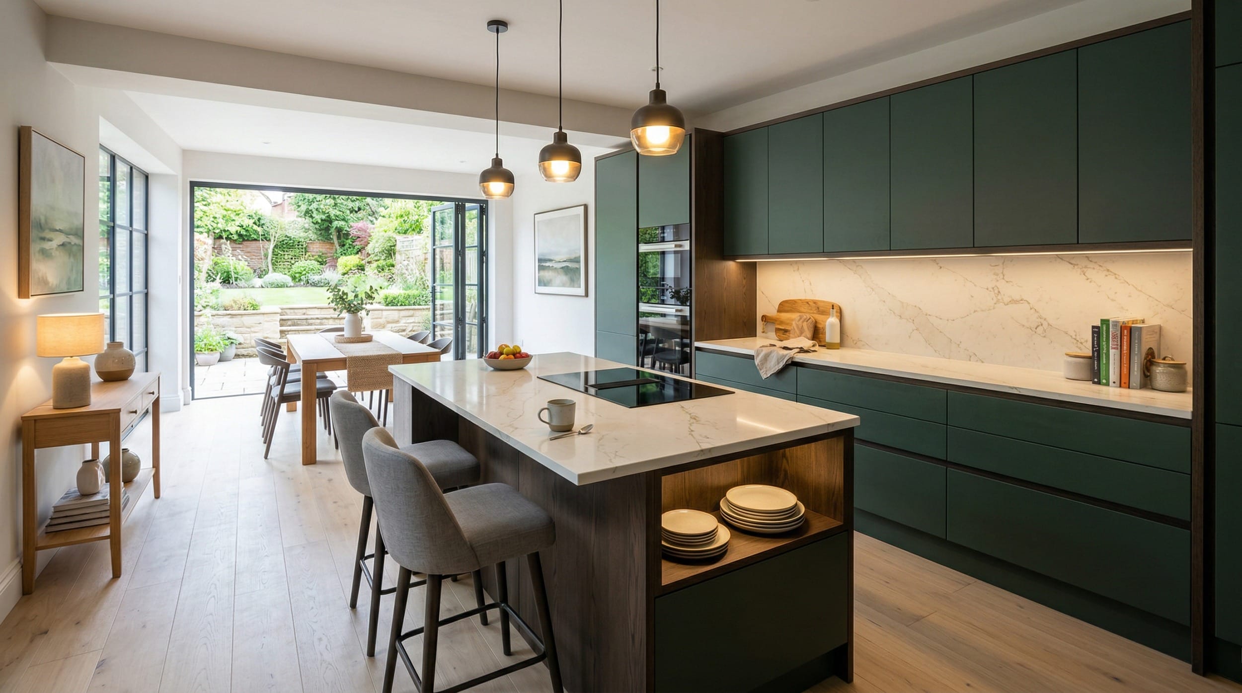 Modern Mastercraft kitchen with matte green units and marble worktops