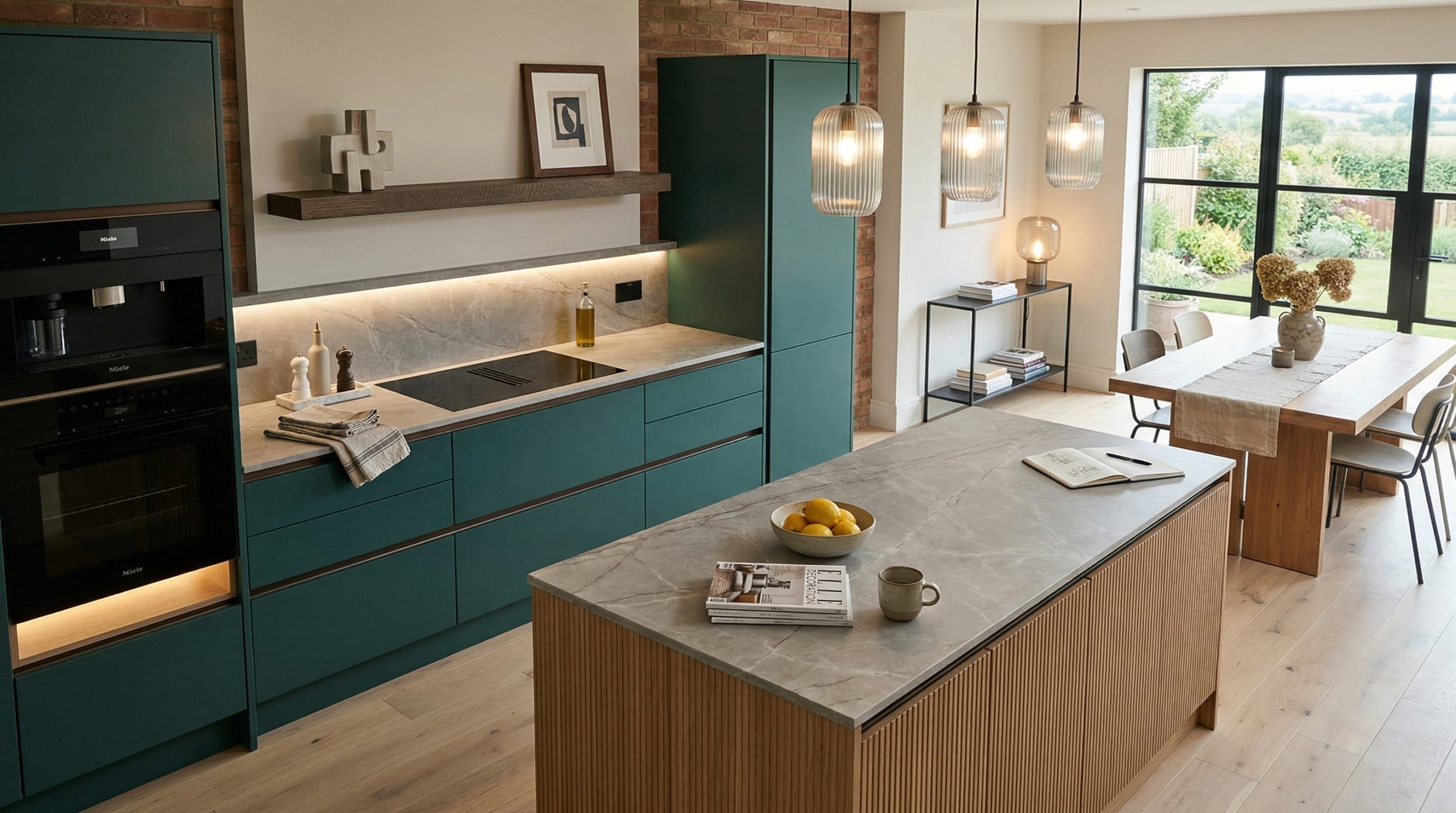matte teal units with marble worktops and ribbed wood island