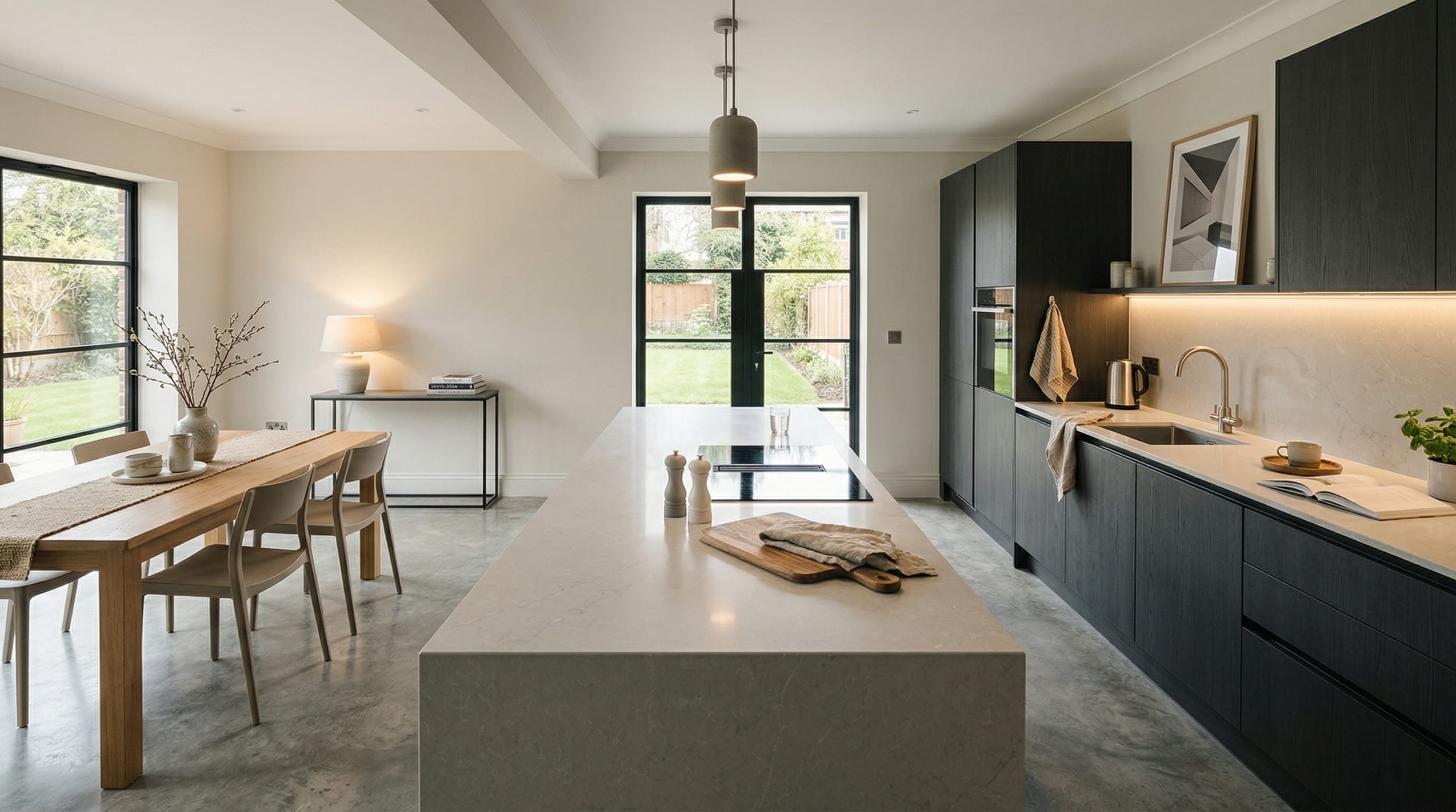 Modern kitchen with dark wood units, marble island and large black-framed windows