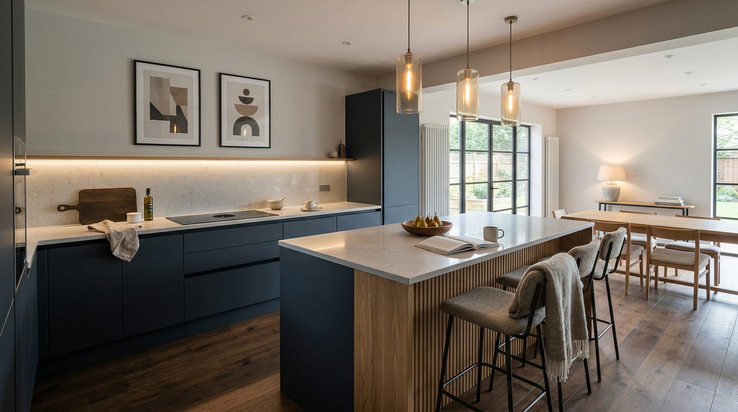 Modern kitchen with dark units, marble surfaces, pendant lights and wooden flooring