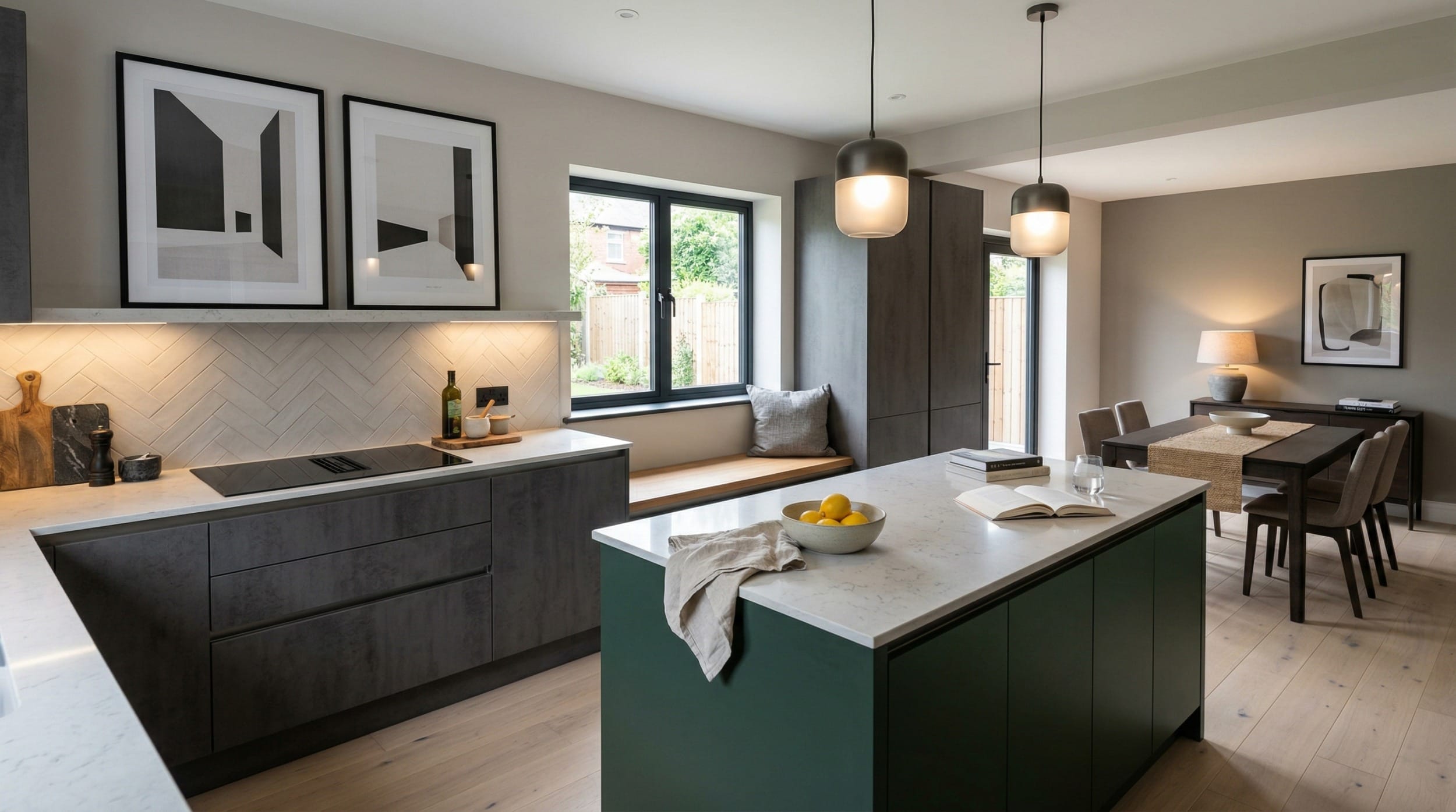 modern kitchen with dark cabinets, green island, herringbone tiles and pendant lights