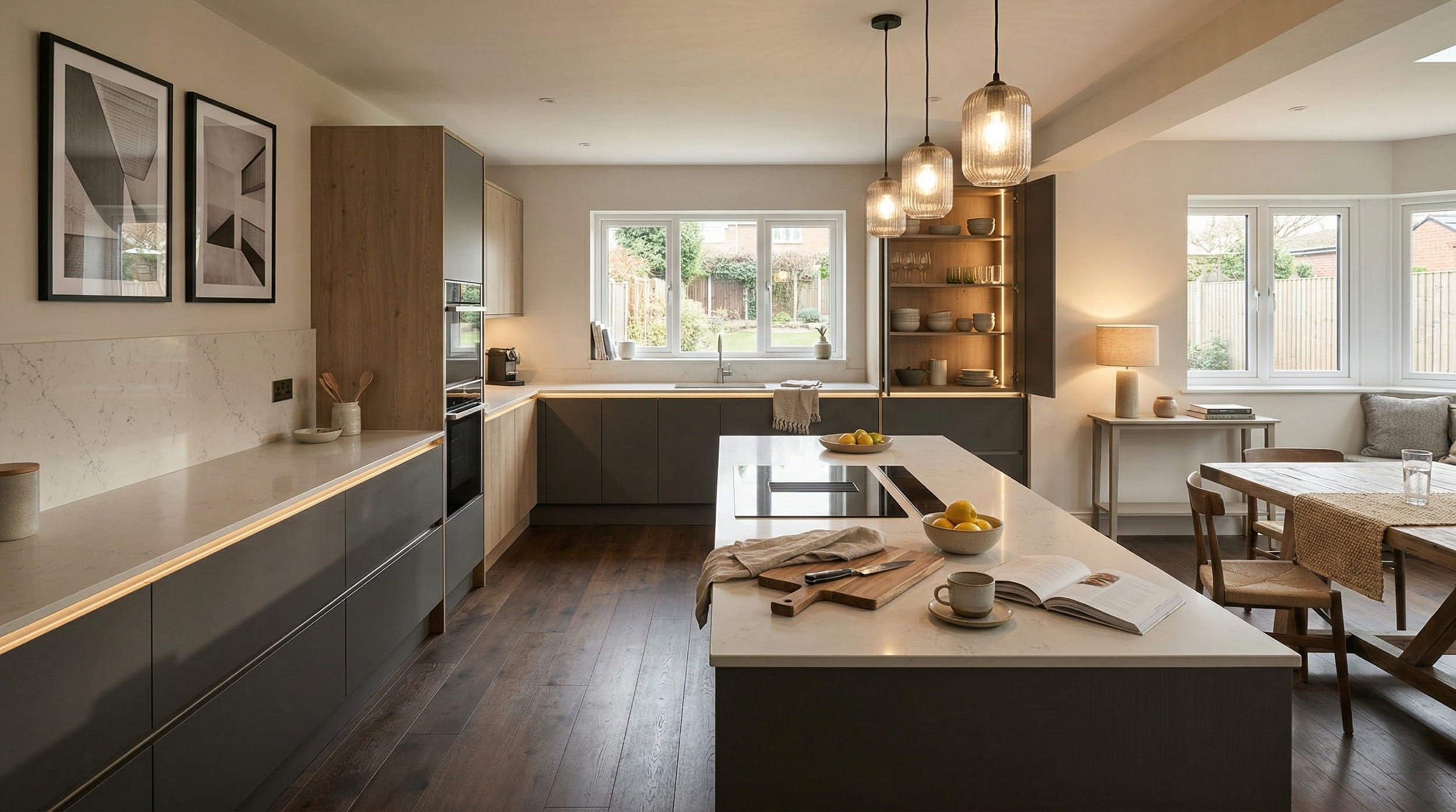 Mastercraft bespoke kitchen design, wide architectural view showing room volume and design quality