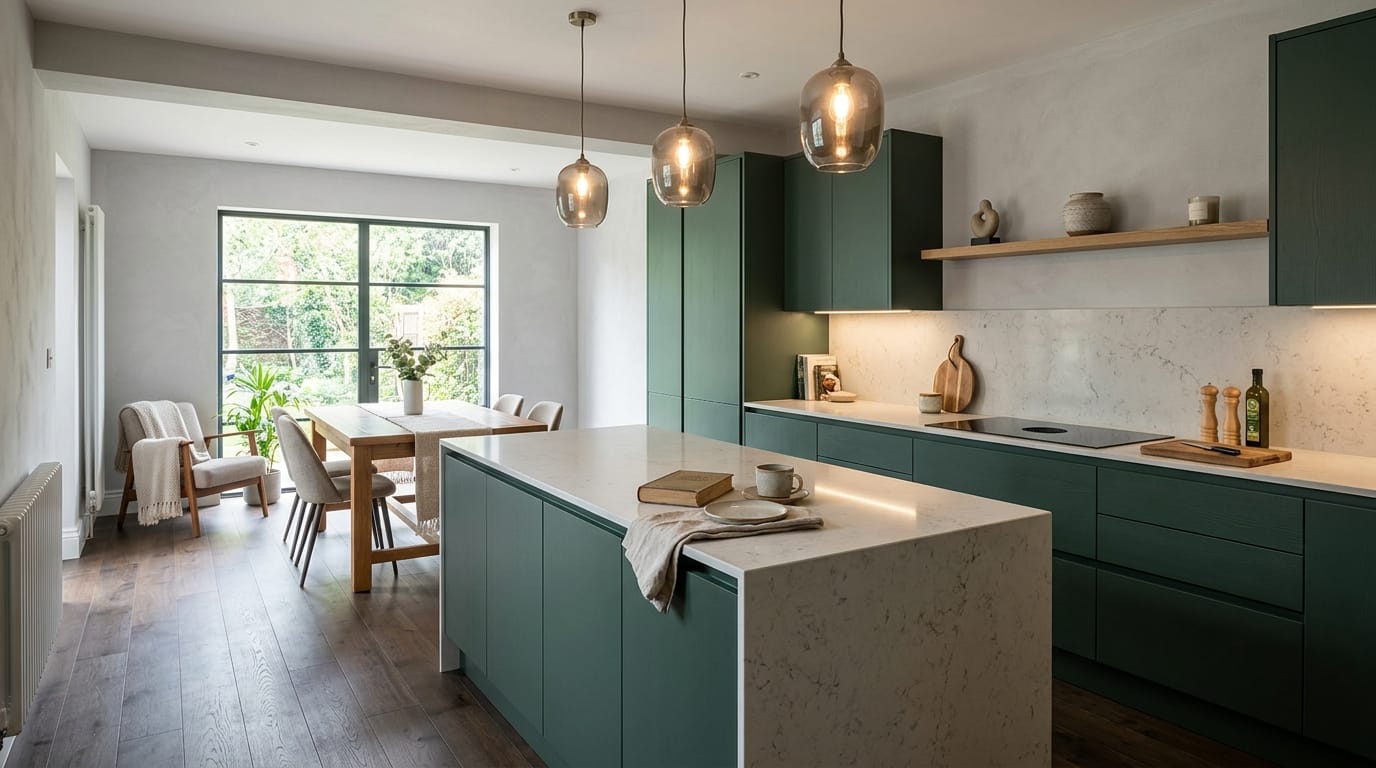 hero2_1200x675-43 Mastercraft bespoke kitchen in Thame, wide architectural view showing room volume and design quality