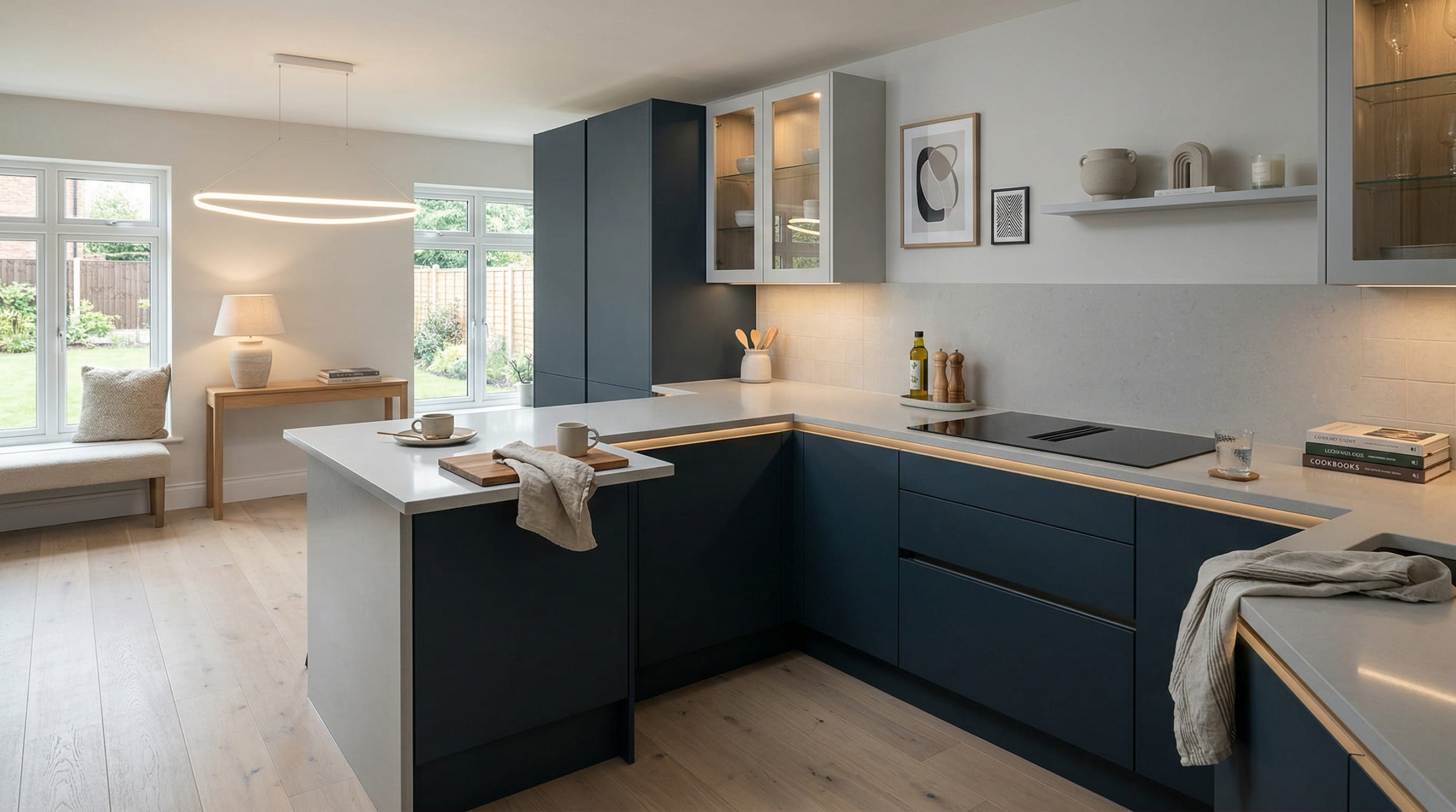 matte navy units with white worktops and under-cabinet lighting