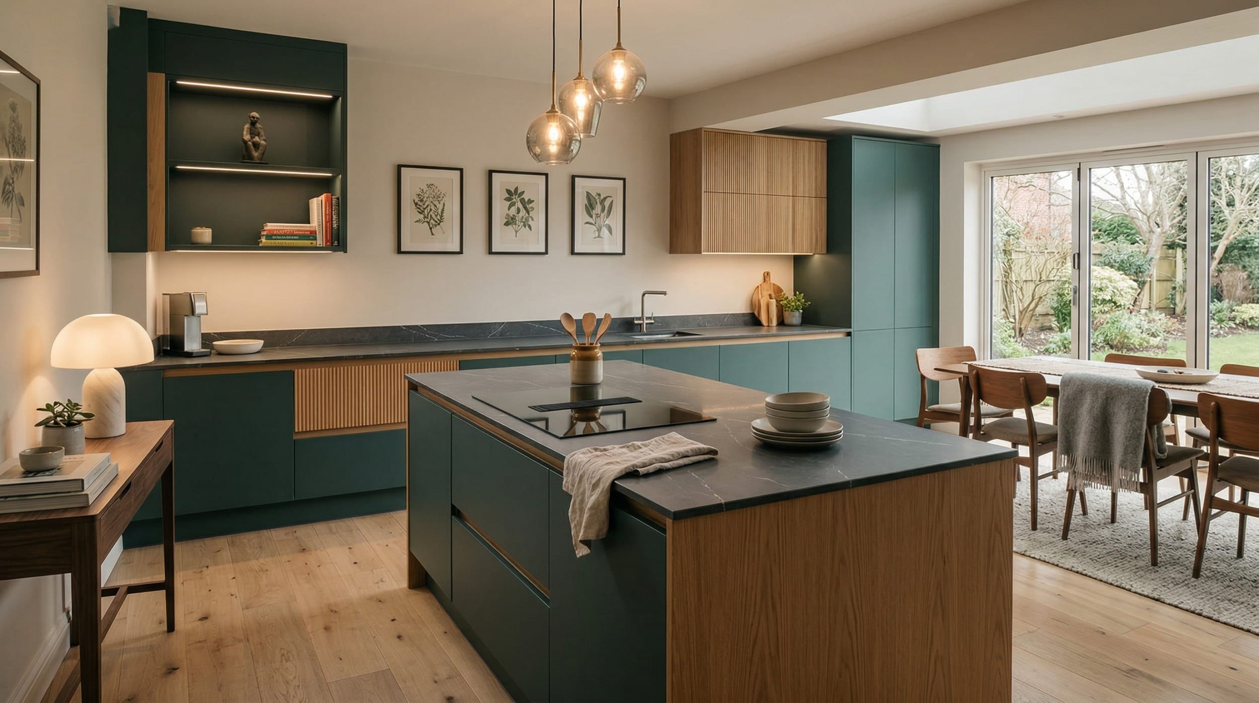 hero2_1200x675-433 Green and wood kitchen with island, pendant lights and garden view