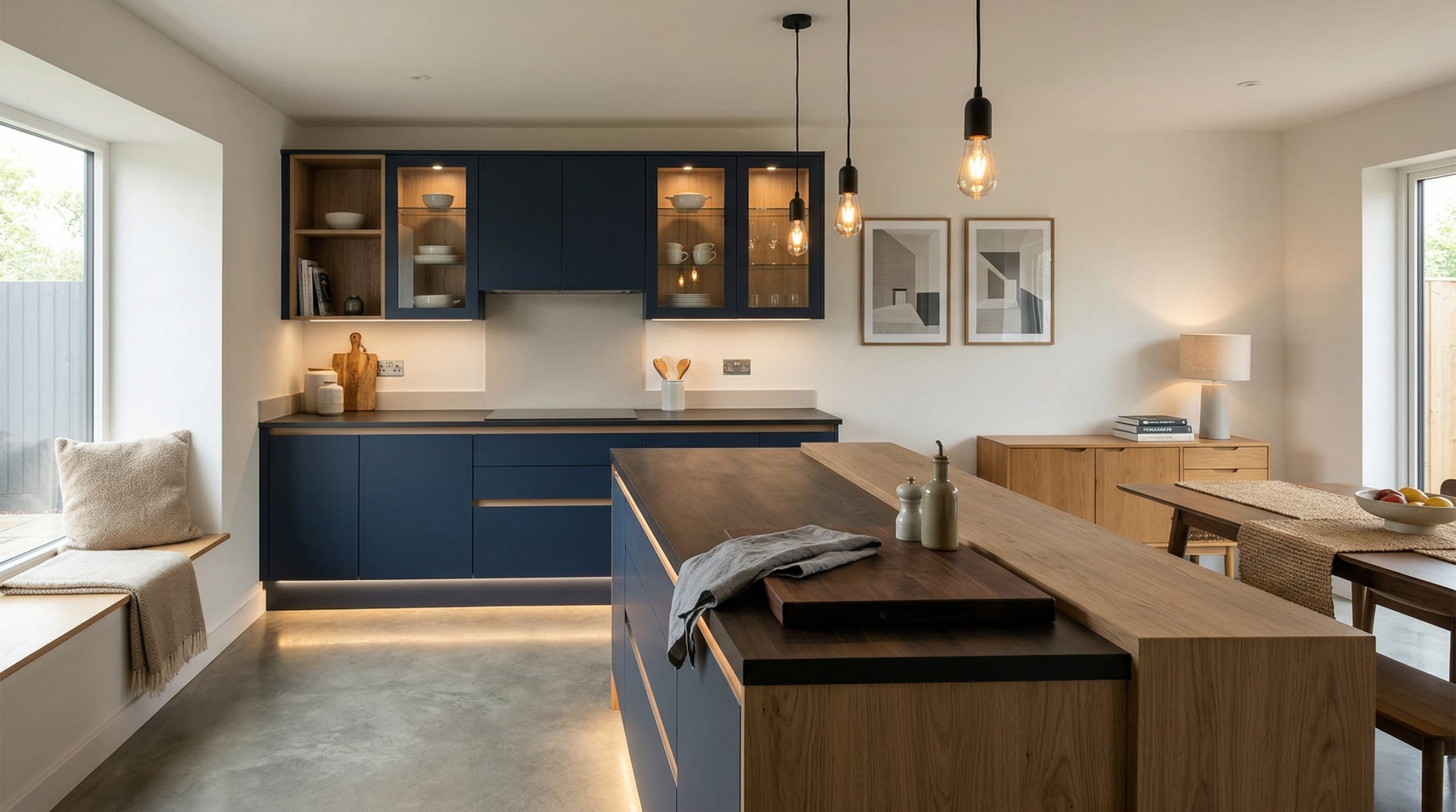 hero2_1200x675-435 Modern kitchen with navy cabinets, wood accents, pendant lights and concrete floor