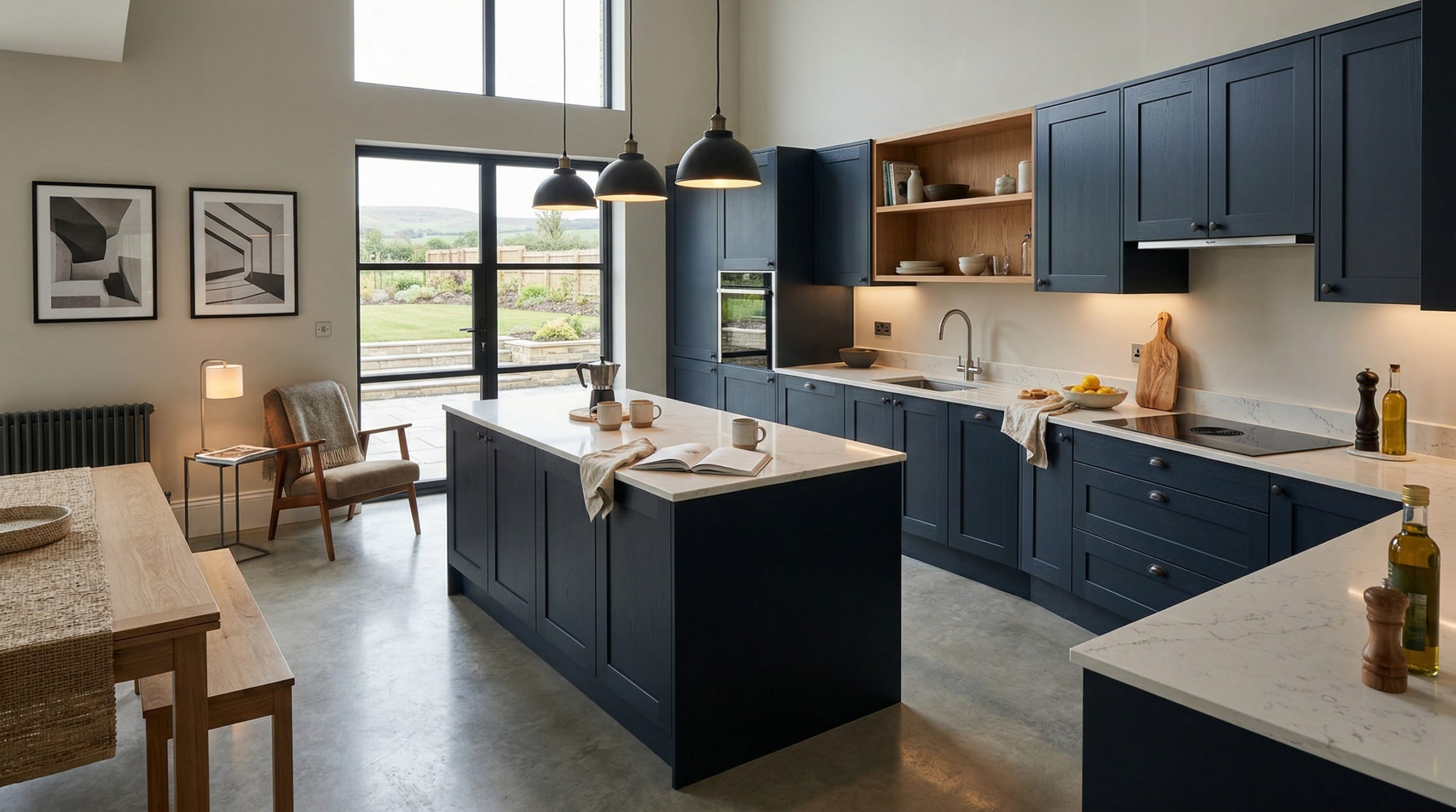 Modern Mastercraft kitchen with navy units, marble worktops and pendant lighting