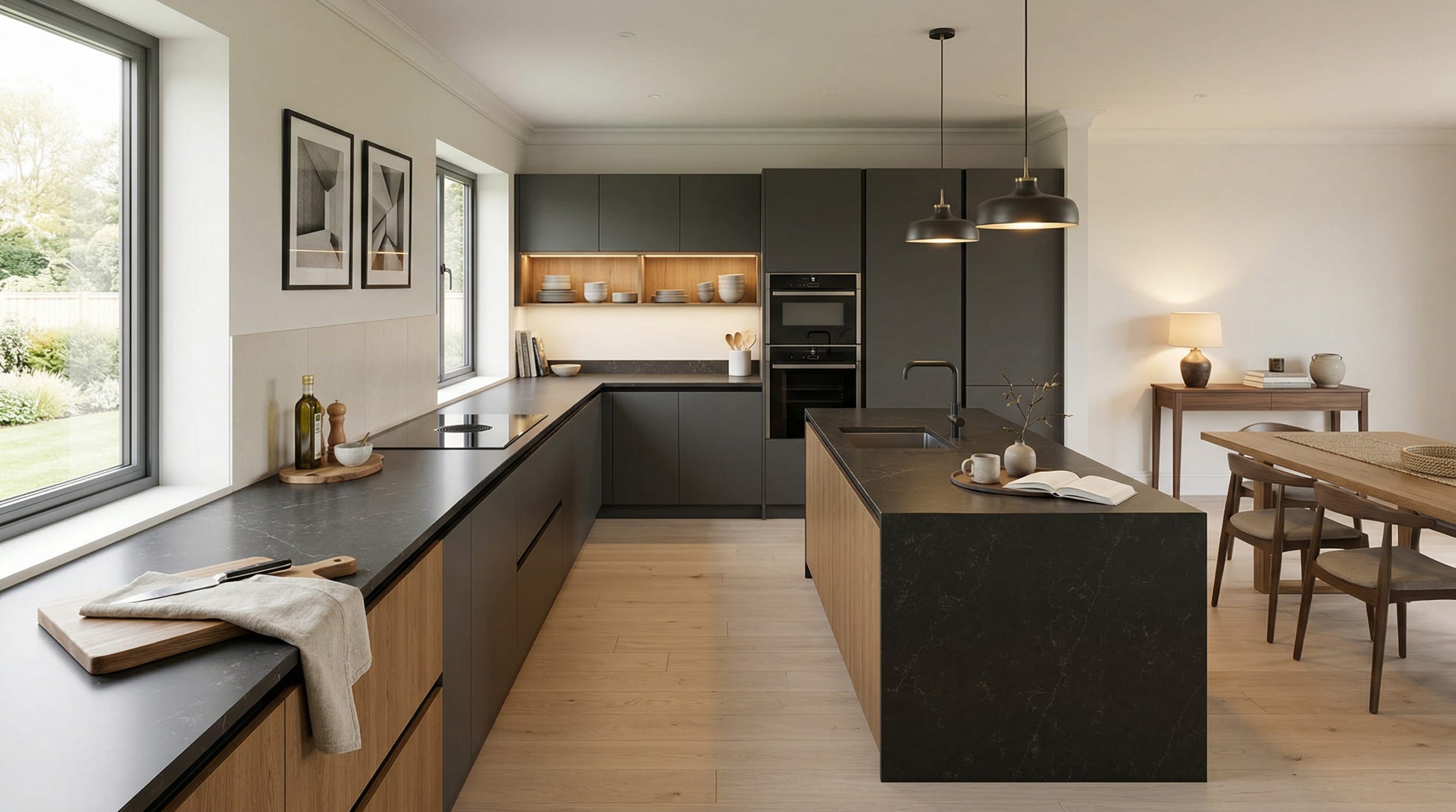 Mastercraft bespoke kitchen design, wide architectural view showing room volume and design quality