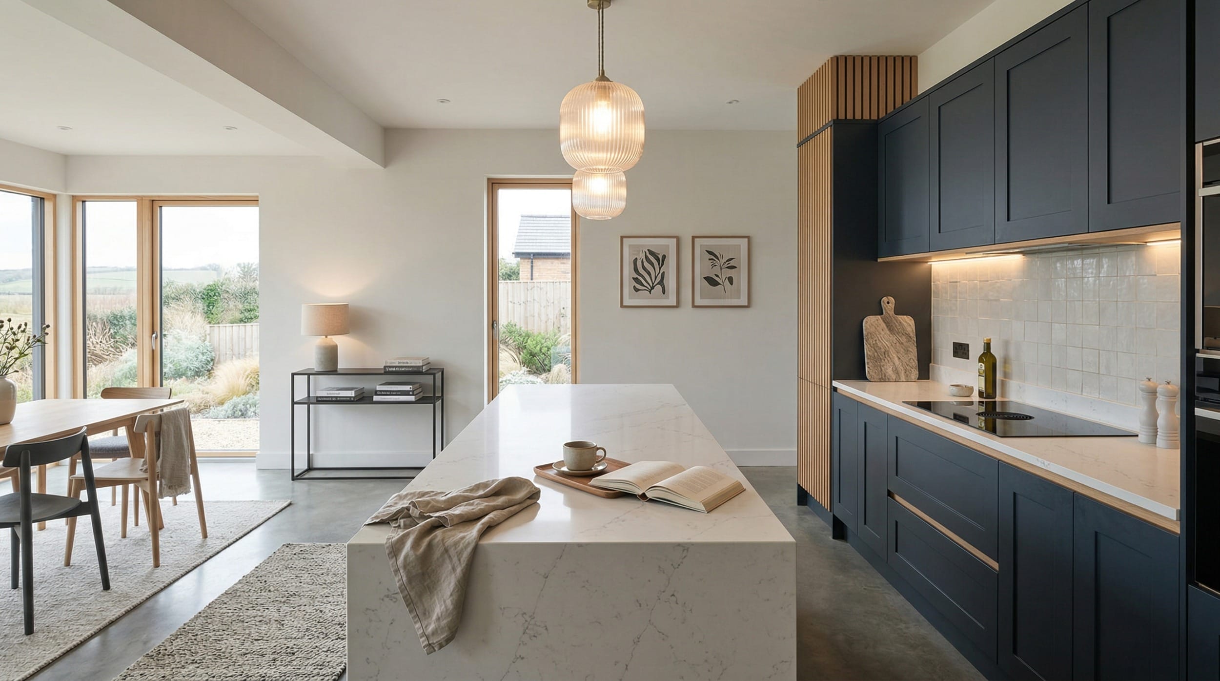 Modern kitchen with navy units, marble island, and large windows overlooking garden