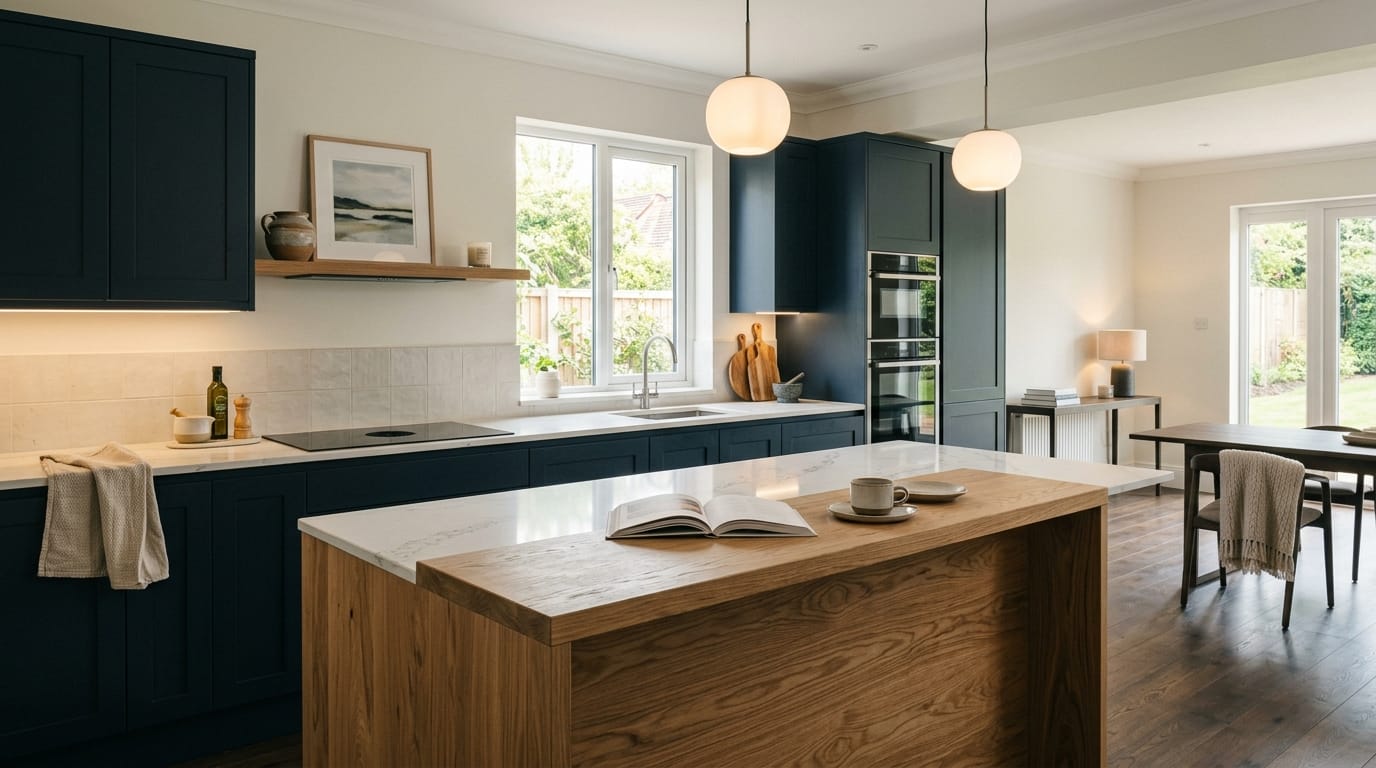 Mastercraft bespoke kitchen in Winchester, wide architectural view showing room volume and design quality