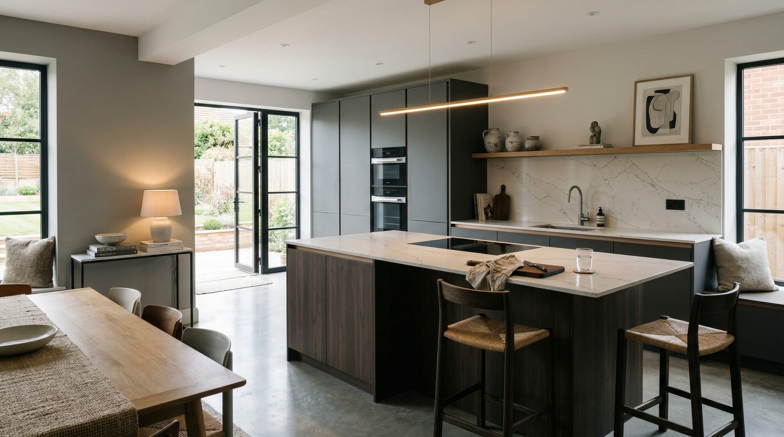 hero2_1200x675-440 Modern kitchen with dark cabinets, marble worktops, and linear pendant light