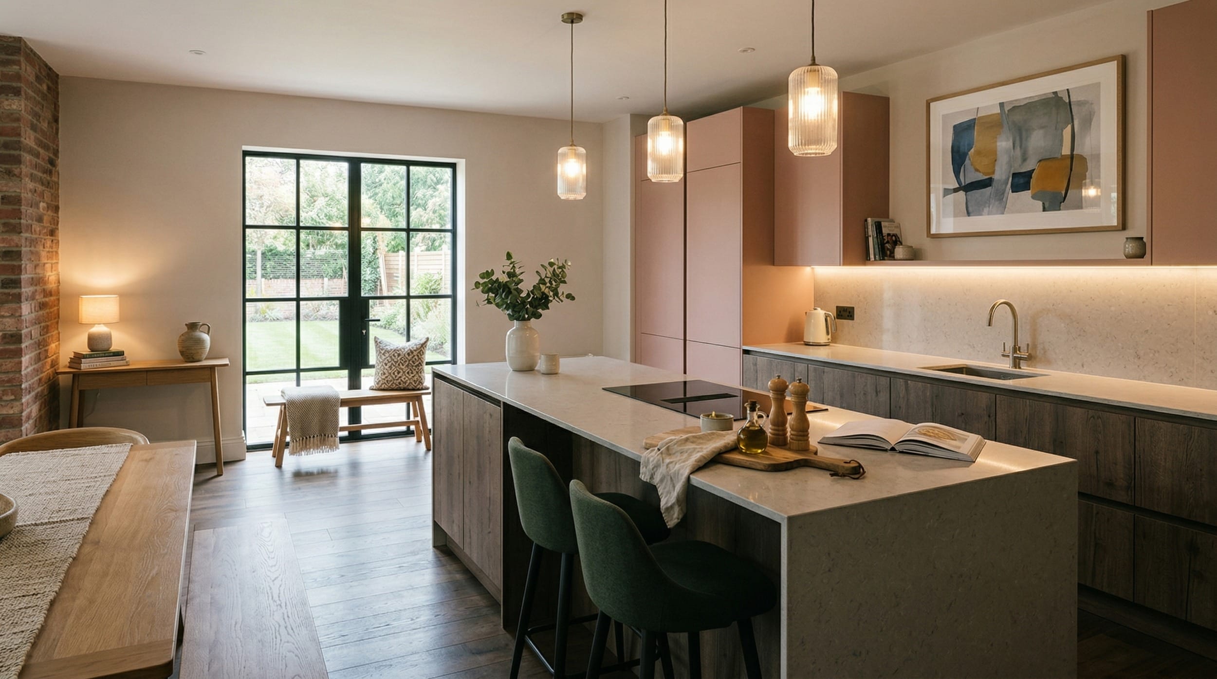 Modern kitchen with pink cupboards, marble surfaces, pendant lights and large black-framed window