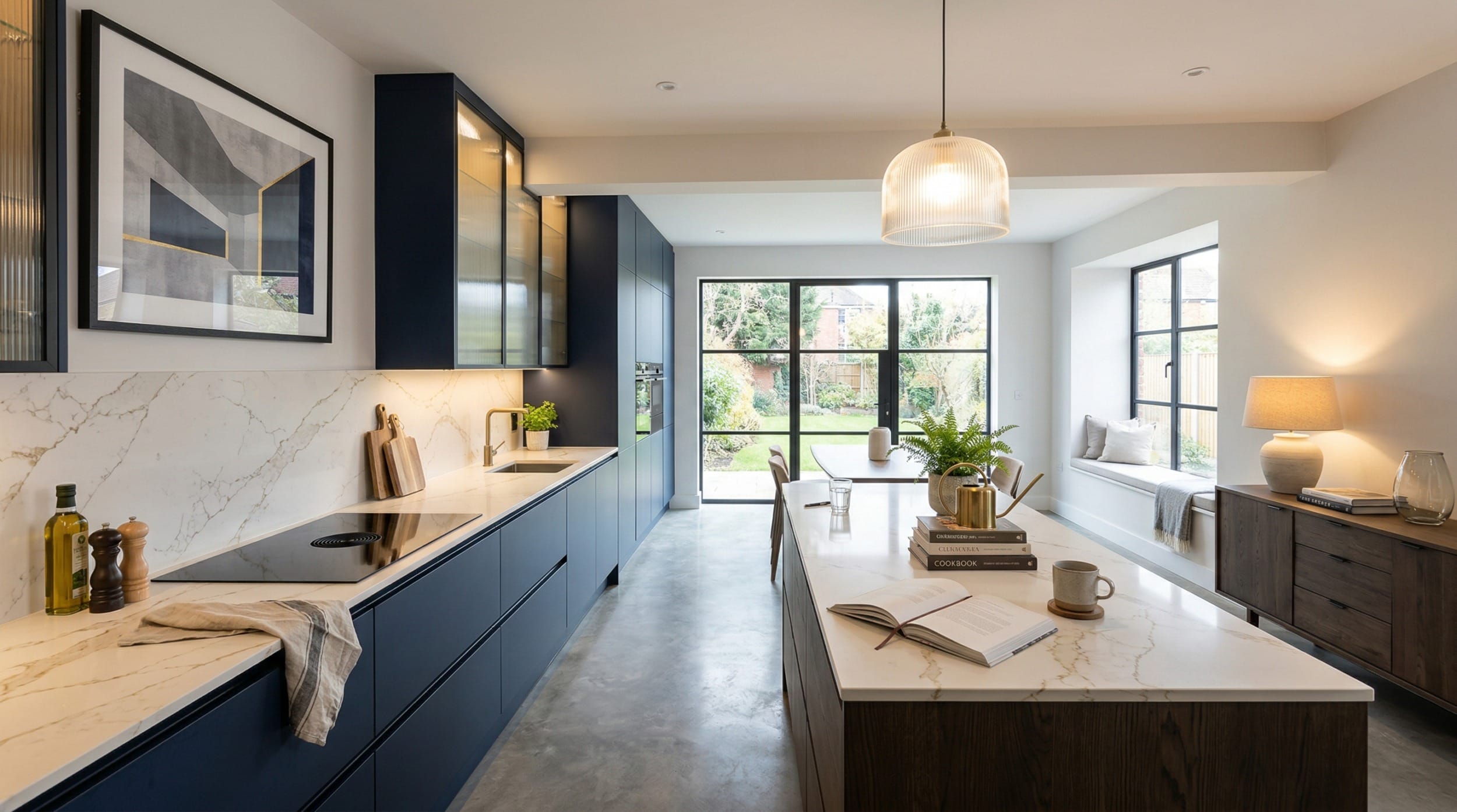 modern kitchen with navy units, marble worktops, large windows and pendant lighting