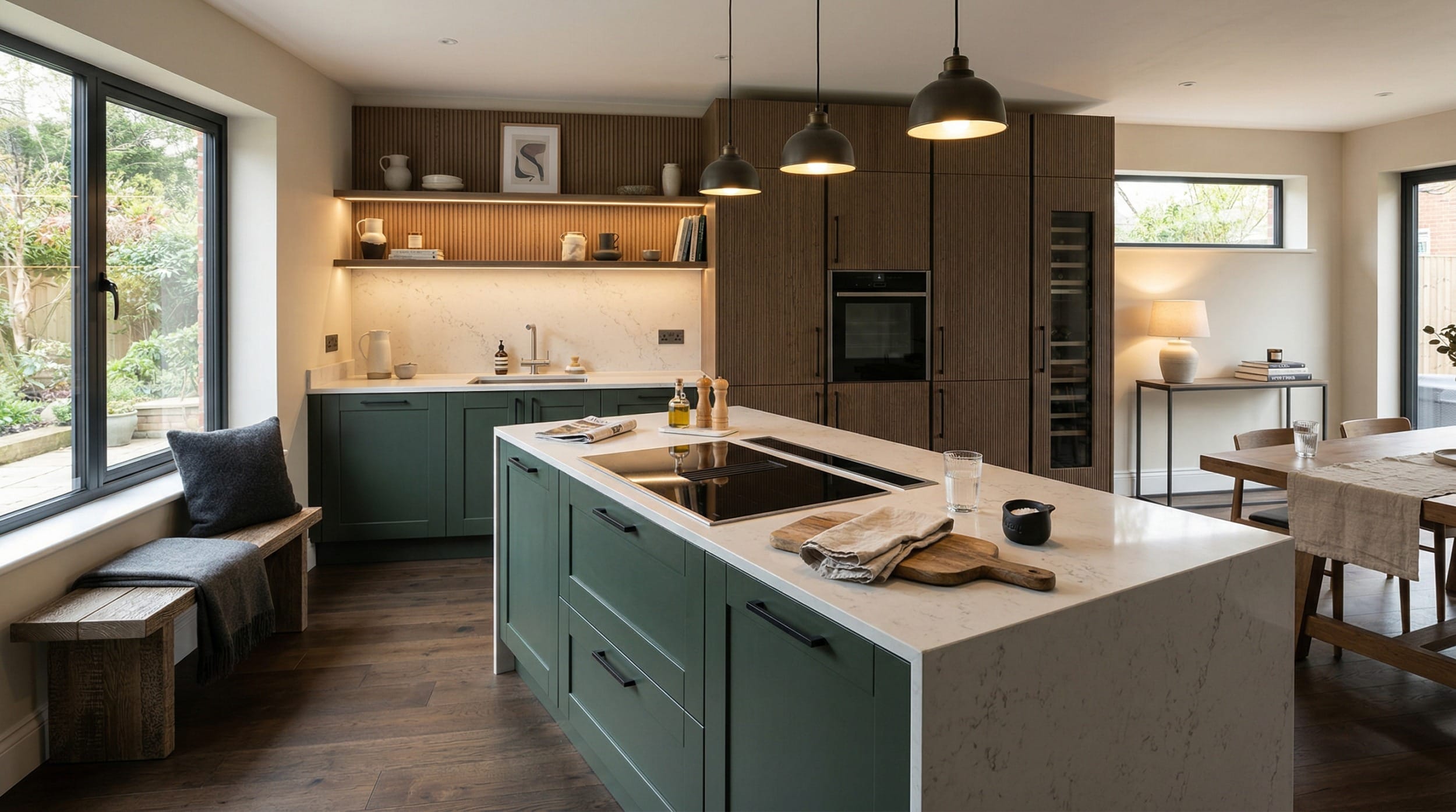 hero2_1200x675-449 green island with white marble worktop and pendant lights in modern kitchen