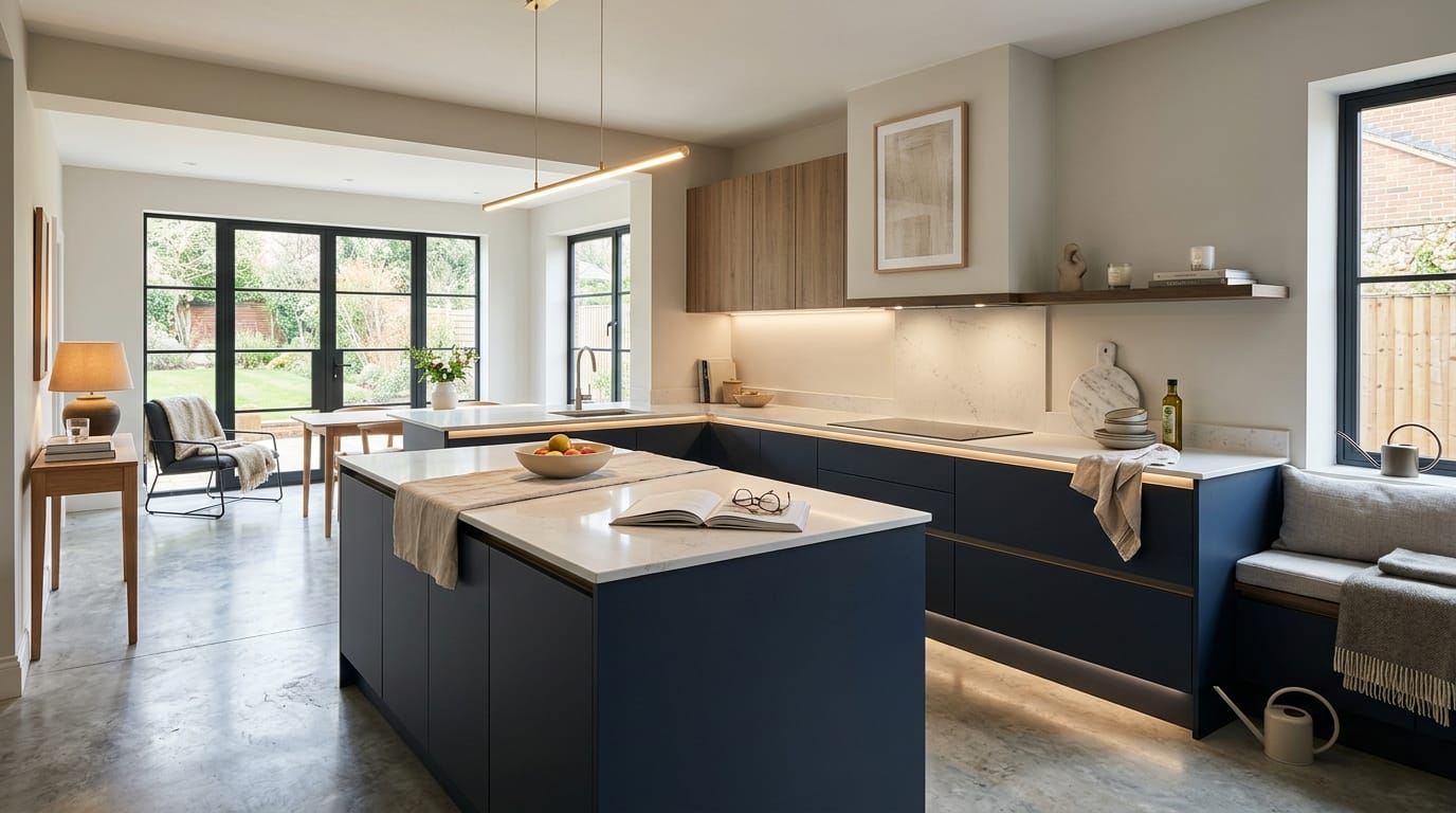 hero2_1200x675-45 Mastercraft bespoke kitchen in Petersfield, wide architectural view showing room volume and design quality