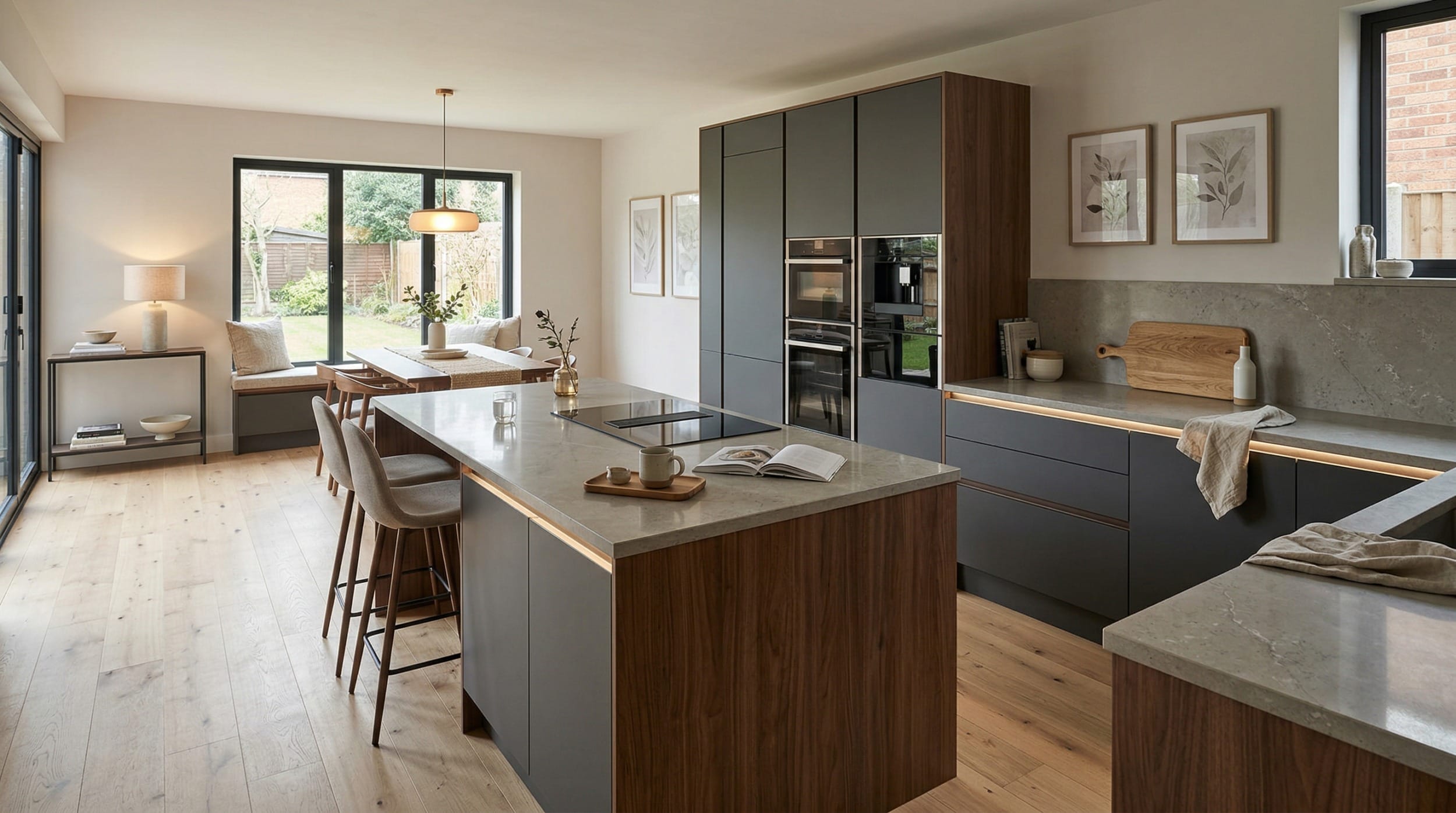 Modern Mastercraft kitchen with matte grey units, wood accents and stone worktops