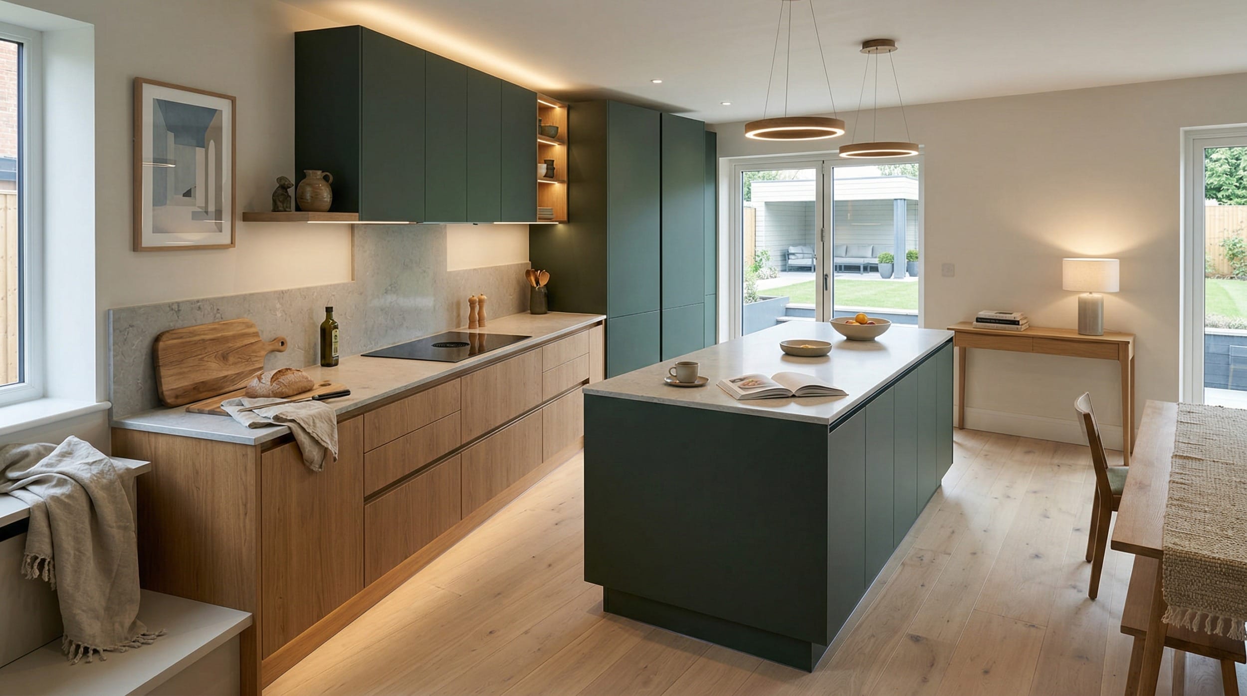 Modern Mastercraft kitchen with green cabinets, wood accents, and marble worktops