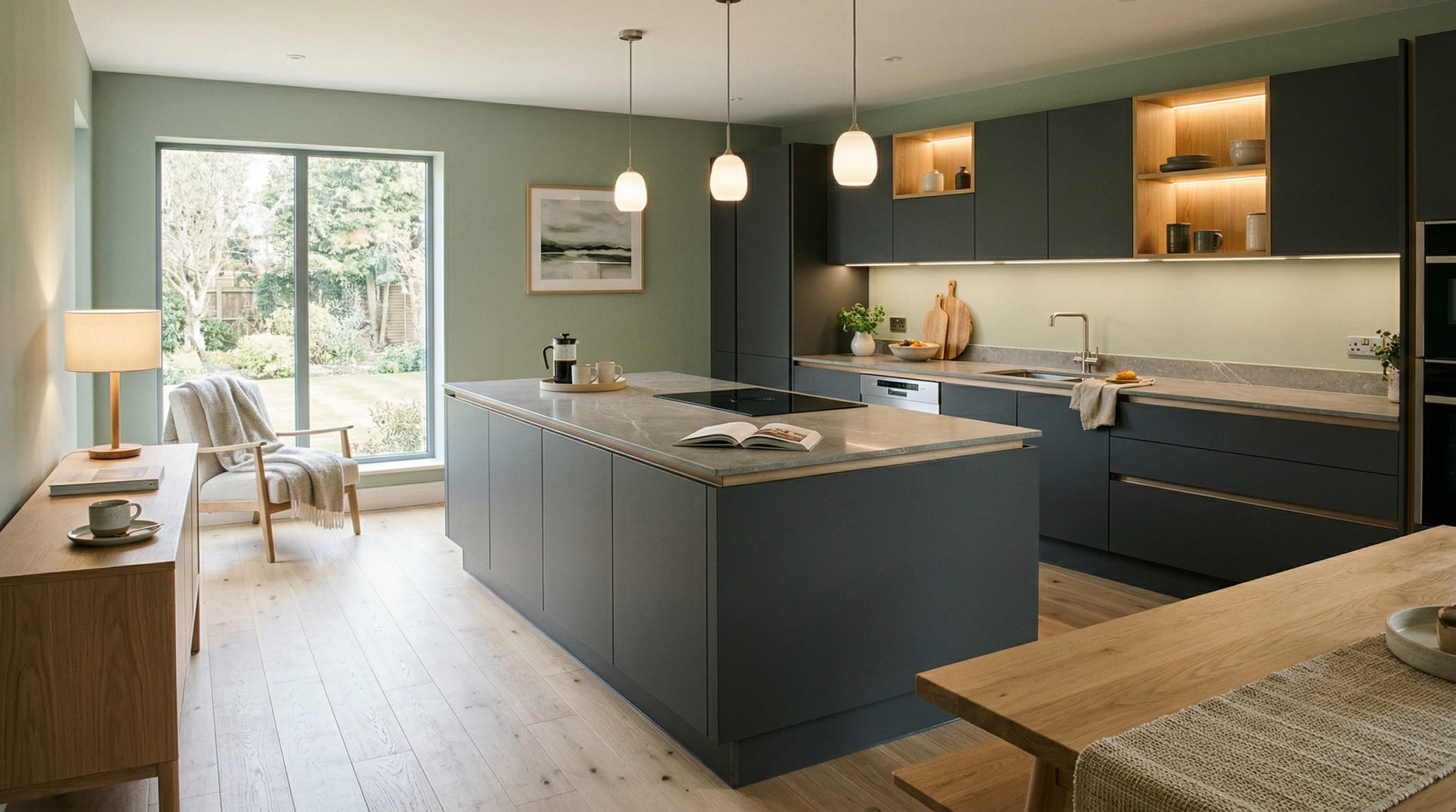 Mastercraft bespoke kitchen design, wide architectural view showing room volume and design quality