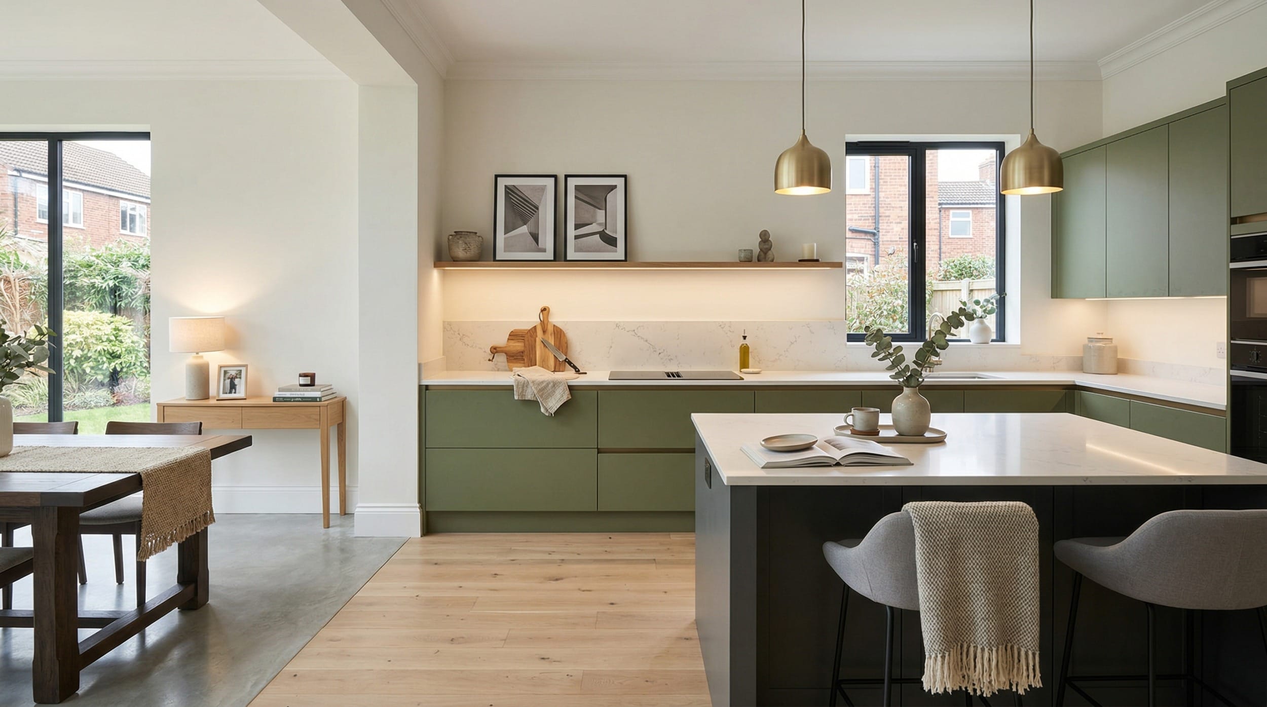 sage green kitchen units with white worktops and brass pendant lights