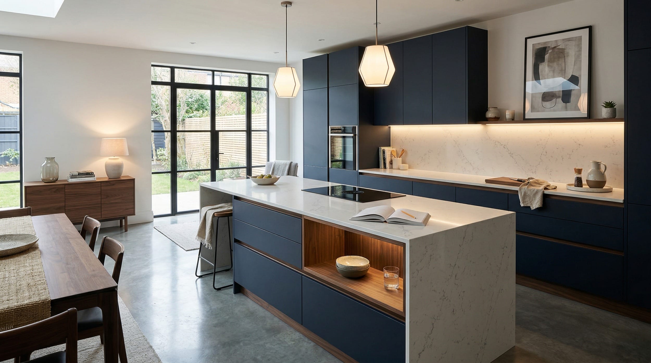 navy kitchen units with white marble surfaces and geometric pendant lights