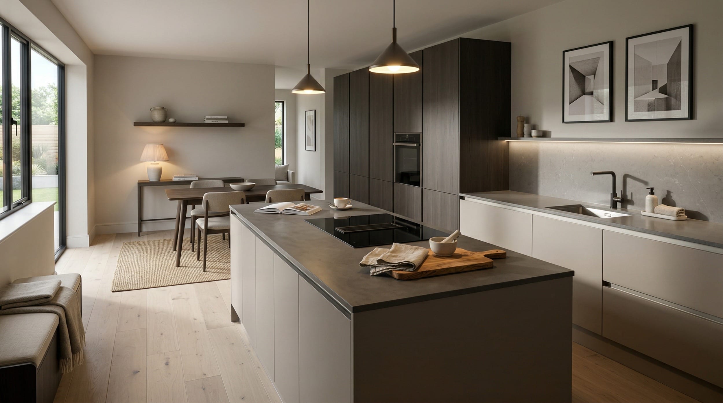 Mastercraft bespoke kitchen design, wide architectural view showing room volume and design quality