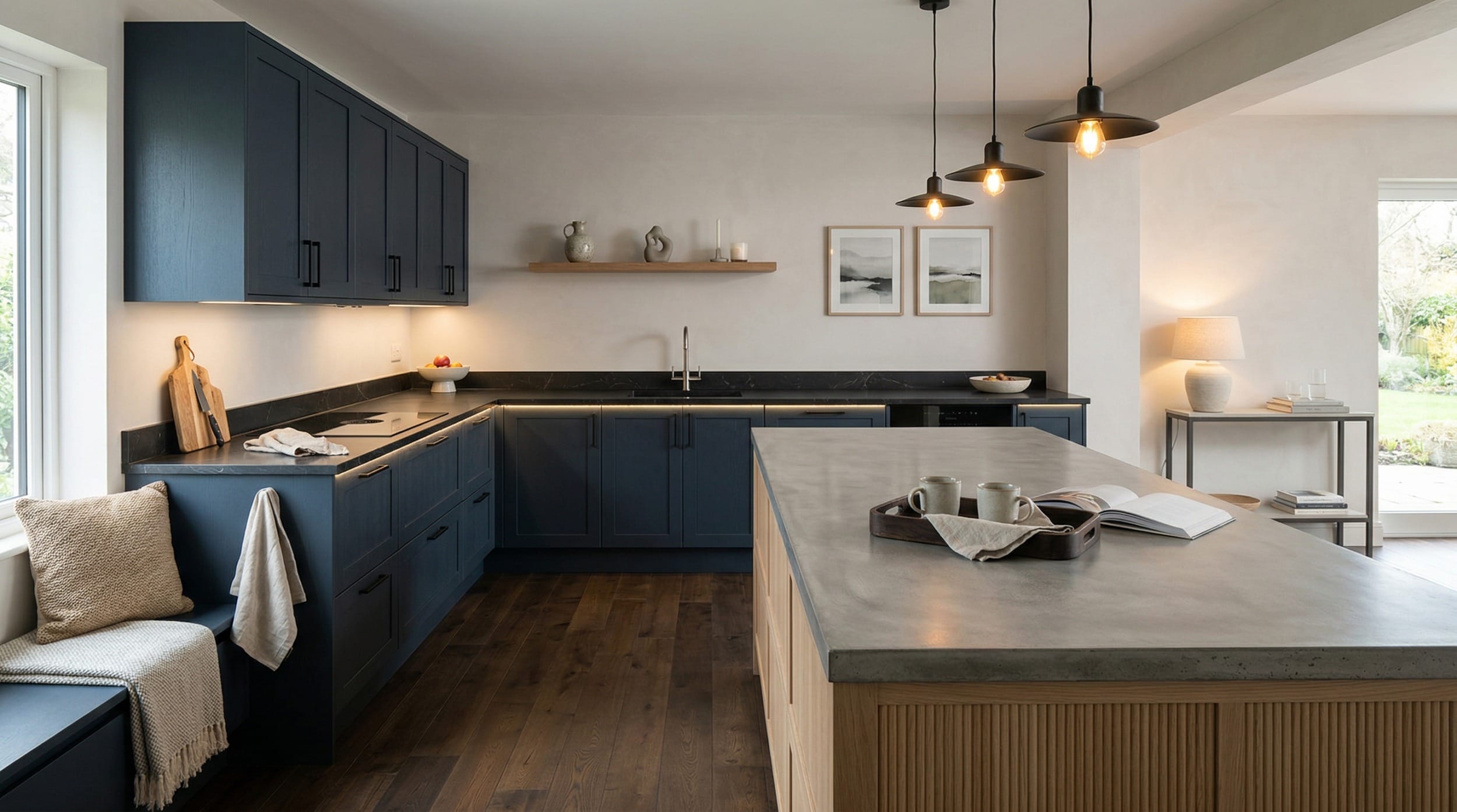 navy blue cupboards with black handles and a large concrete island
