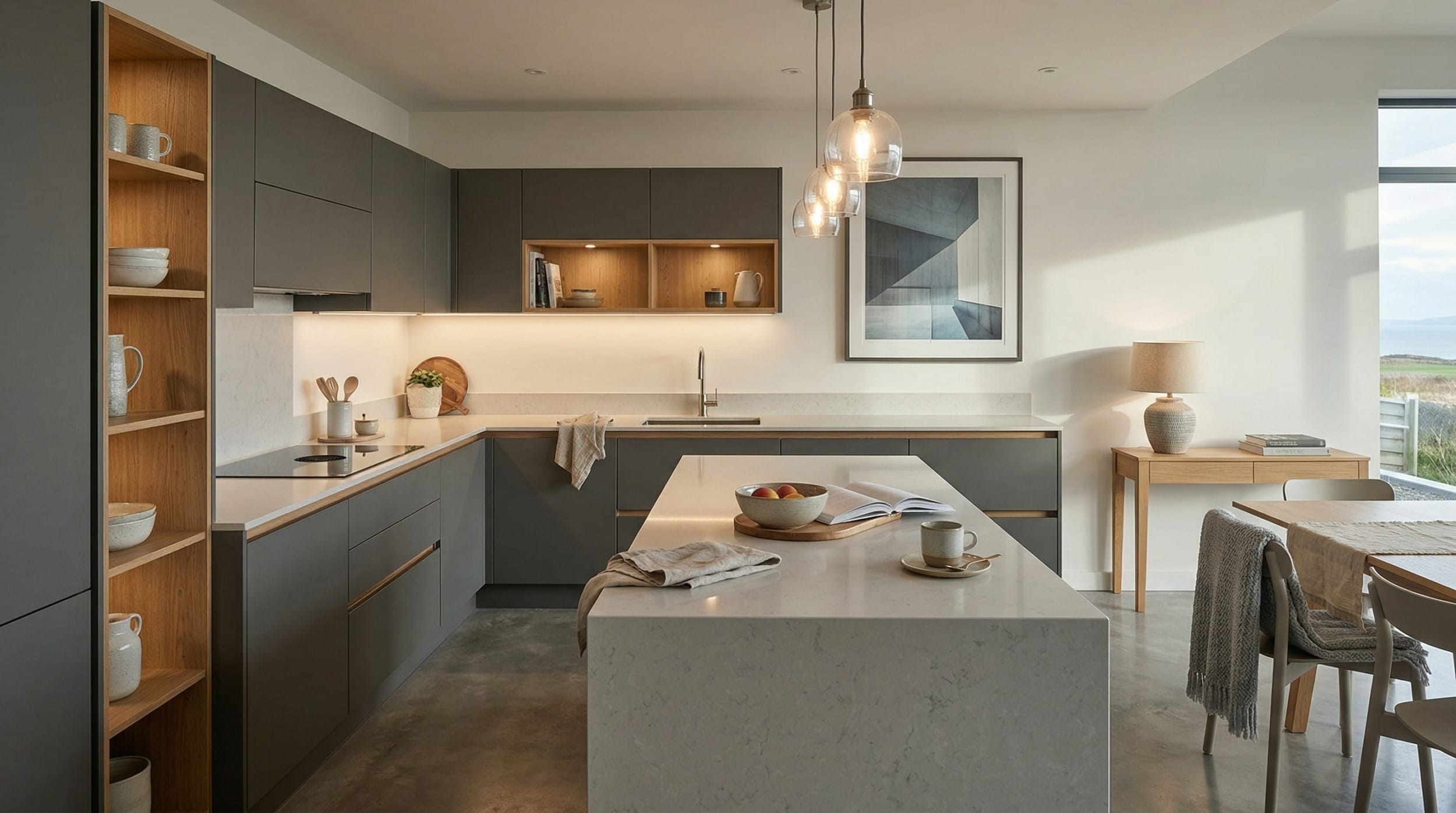 hero2_1200x675-458 Modern Mastercraft kitchen with matt grey units, wood accents and pendant glass lights