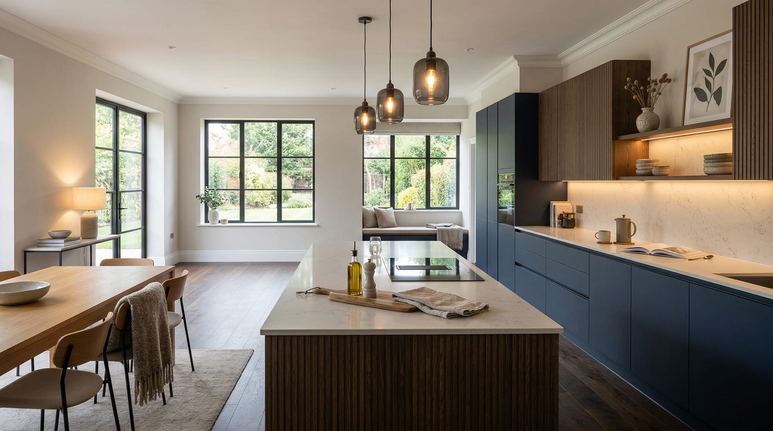 modern kitchen with dark blue units, marble worktops and large black-framed windows