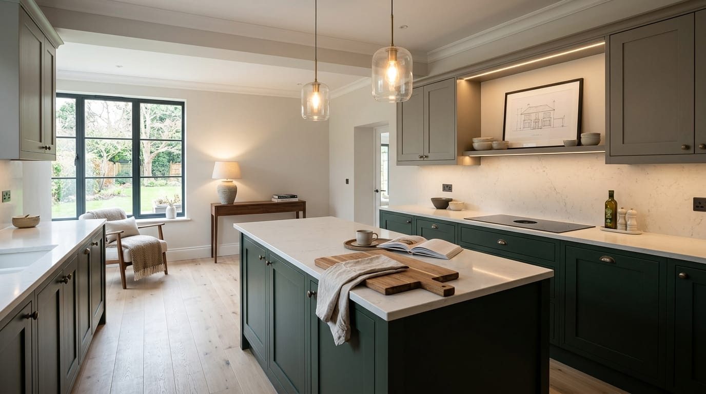 Mastercraft bespoke kitchen in Alresford, wide architectural view showing room volume and design quality