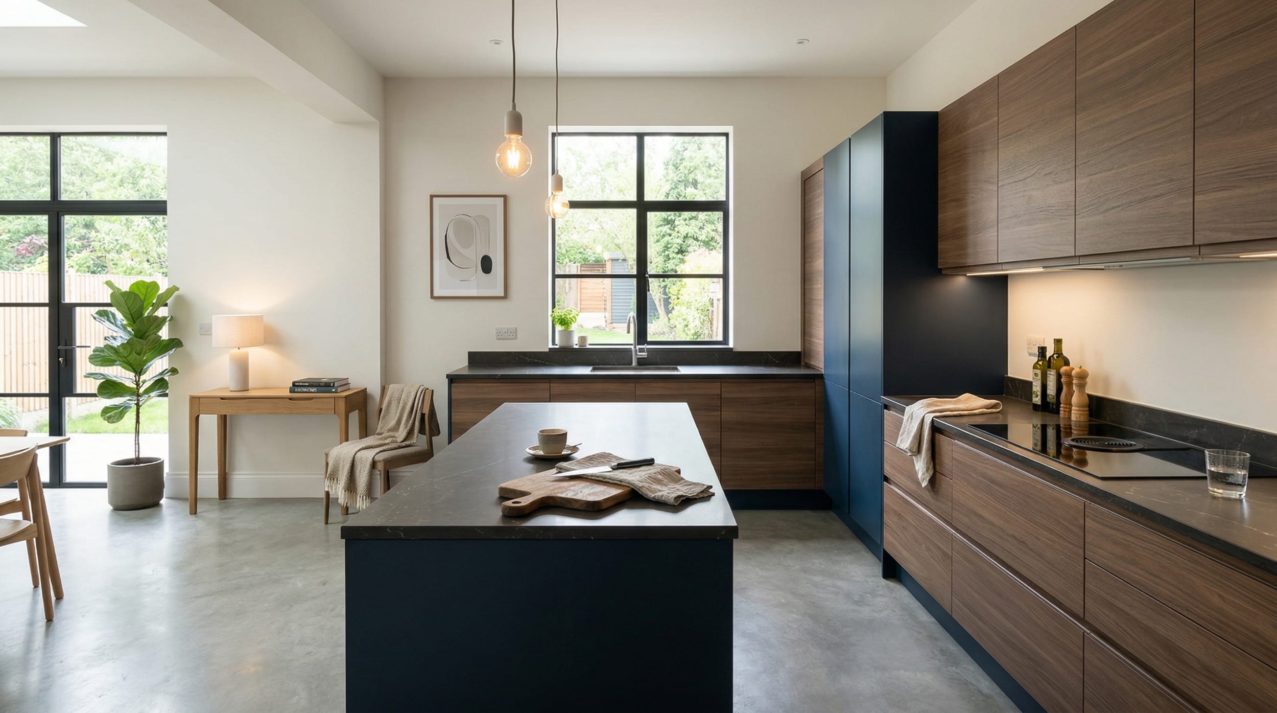 hero2_1200x675-460 modern kitchen with wood and navy cabinets, large windows, and concrete floor