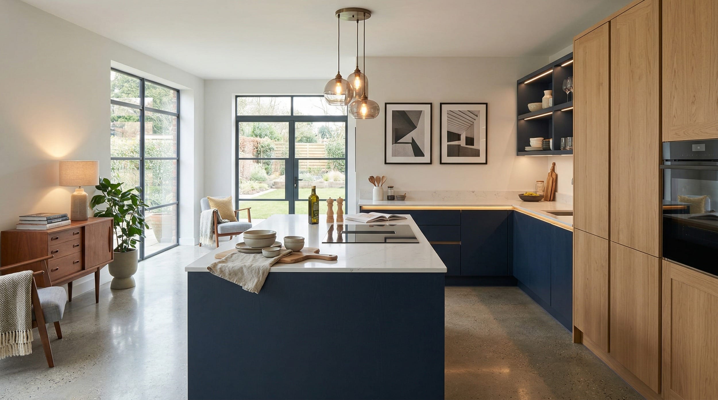 hero2_1200x675-461 Modern kitchen with navy units, wood accents, marble worktop and pendant glass lights