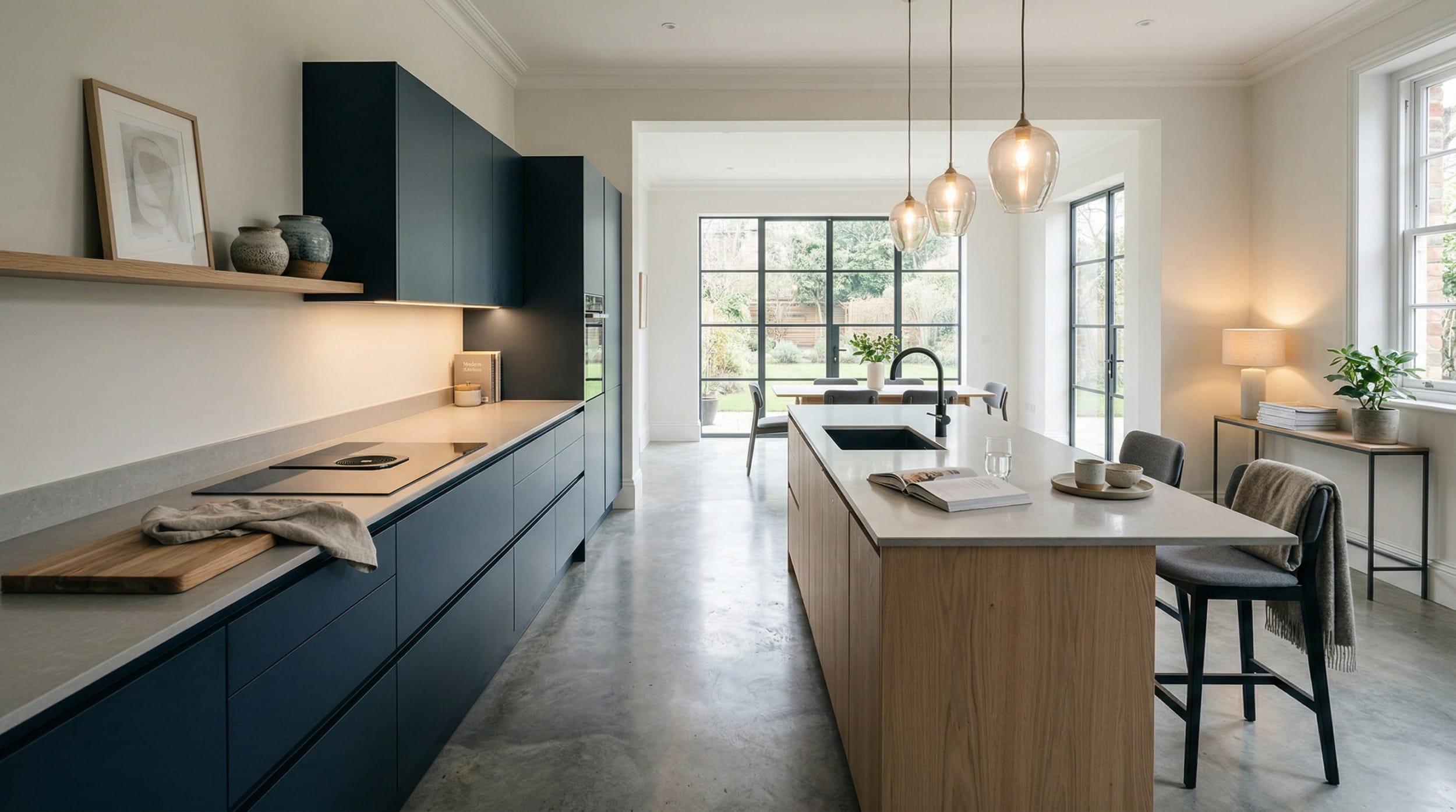 Modern kitchen with navy cabinets, wood island, pendant lights and large windows