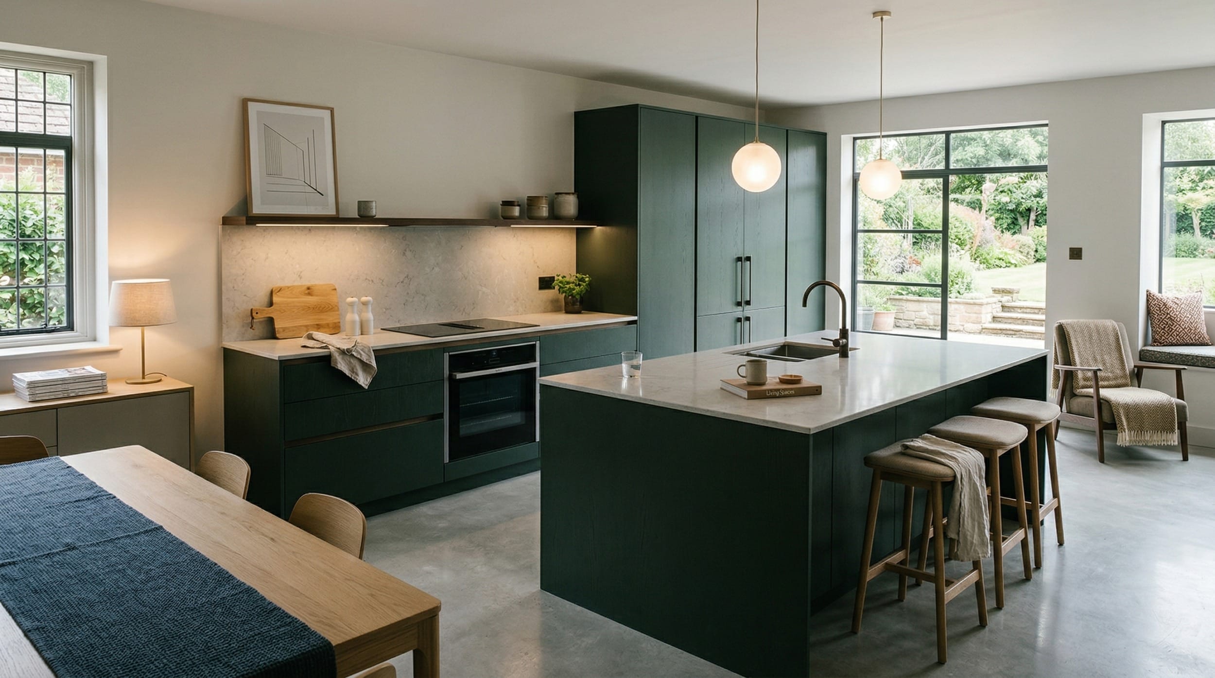 modern kitchen with dark green units, marble worktops, and globe pendant lights