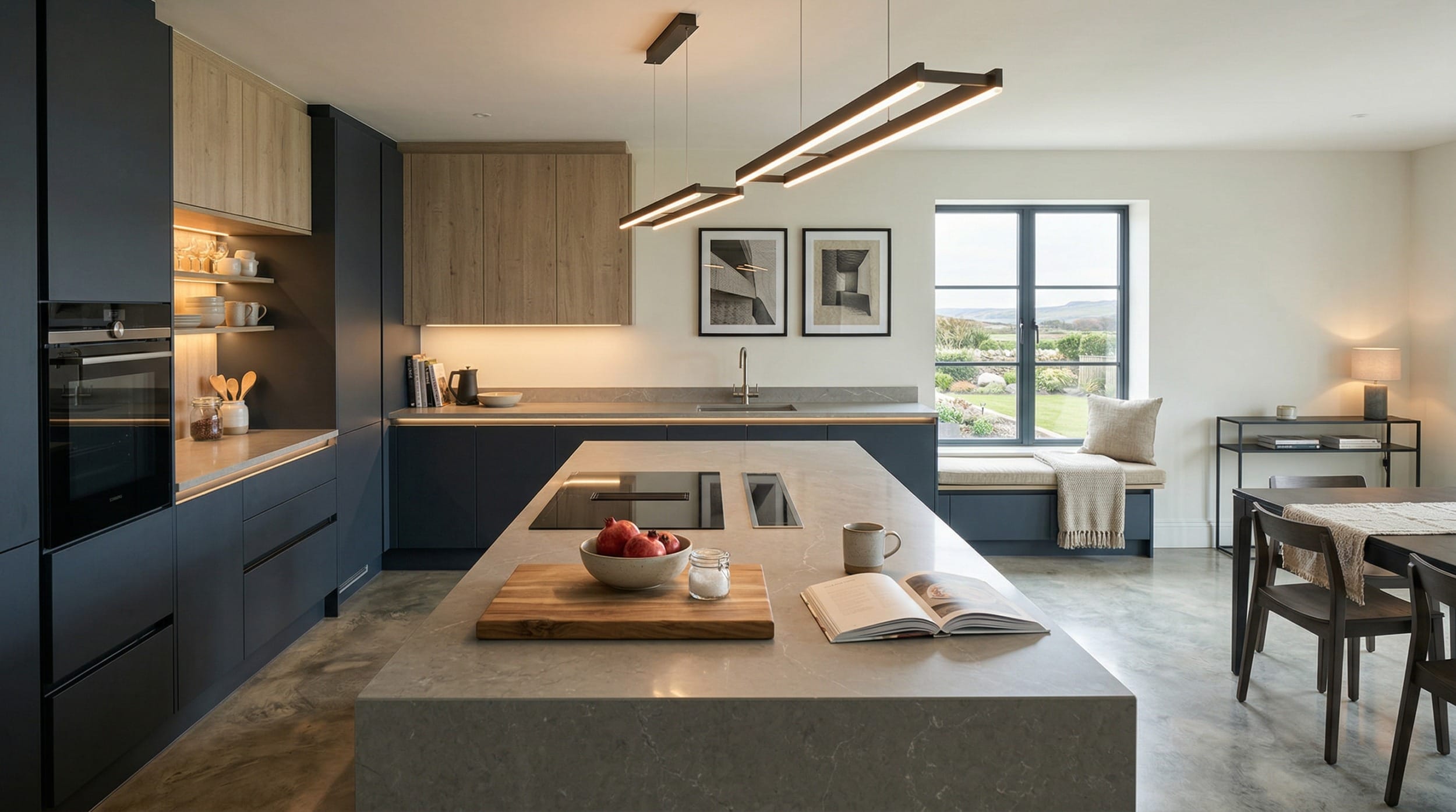 Mastercraft bespoke kitchen design, wide architectural view showing room volume and design quality